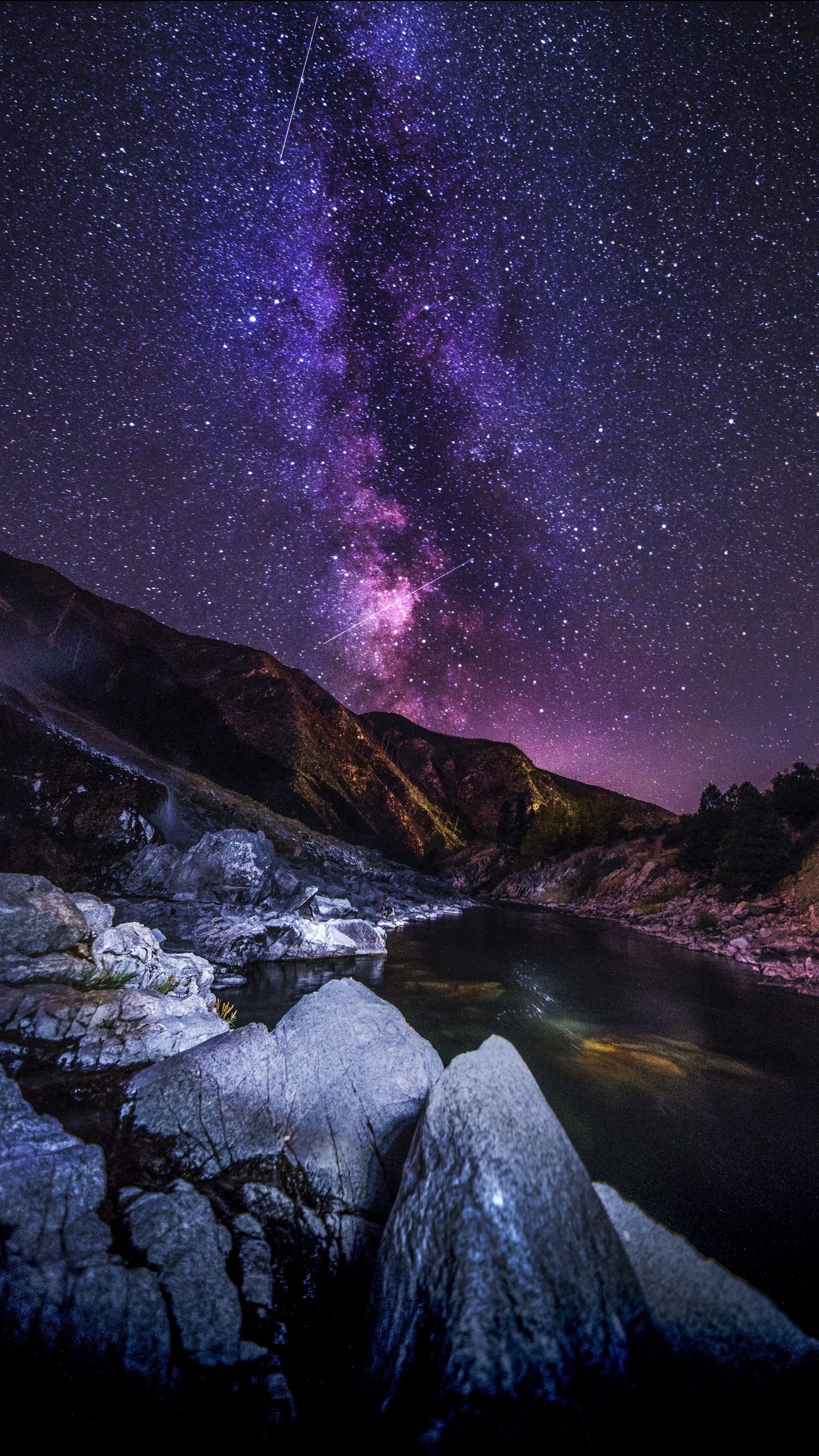 Starry Sky Mountains River Night Wallpaper iPhone