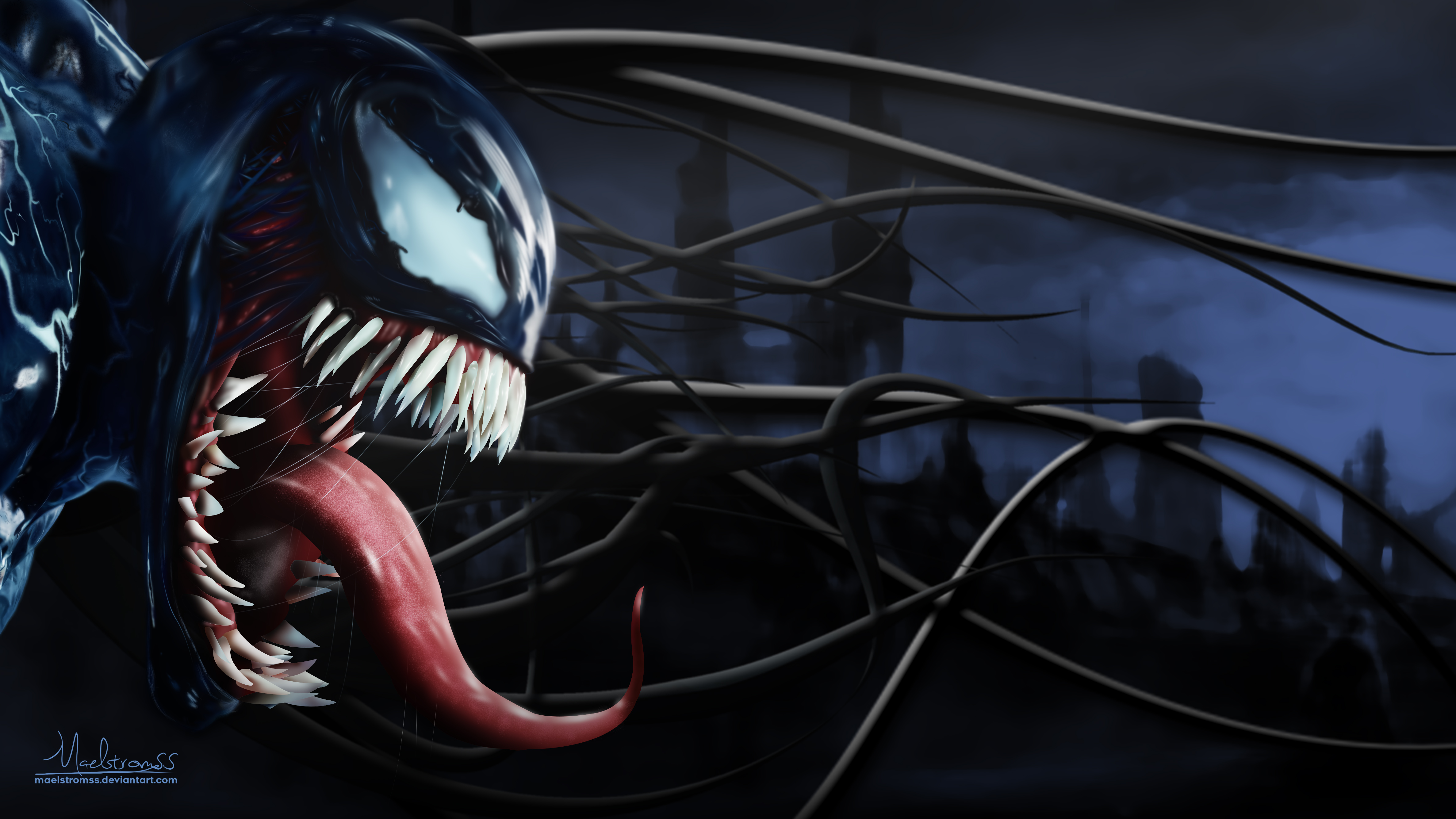 Close-up of Venom's head with menacing tongue and teeth, against a backdrop of dark tendrils and a blurred cityscape