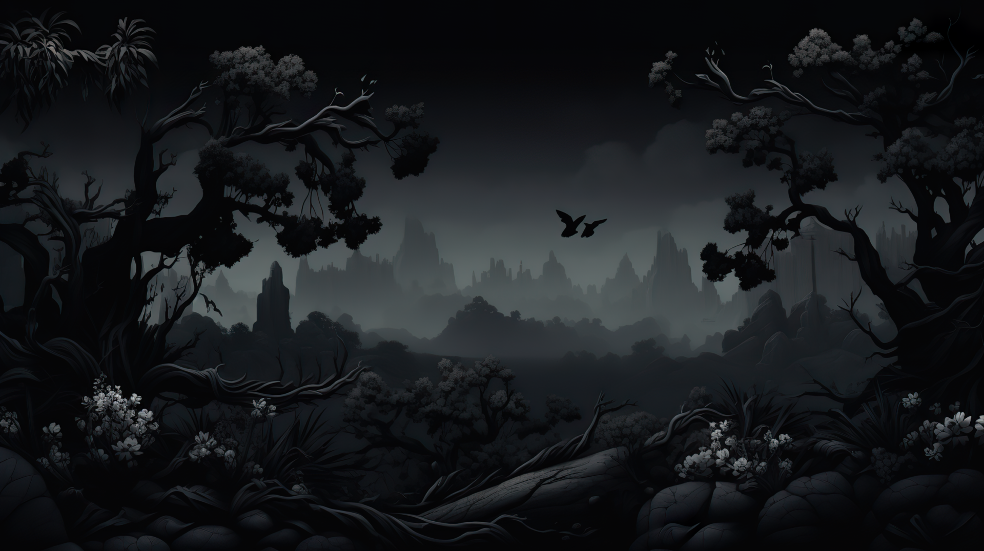 A dark and moody landscape with gnarled trees and shadowy mountains in the background, in 4k resolution