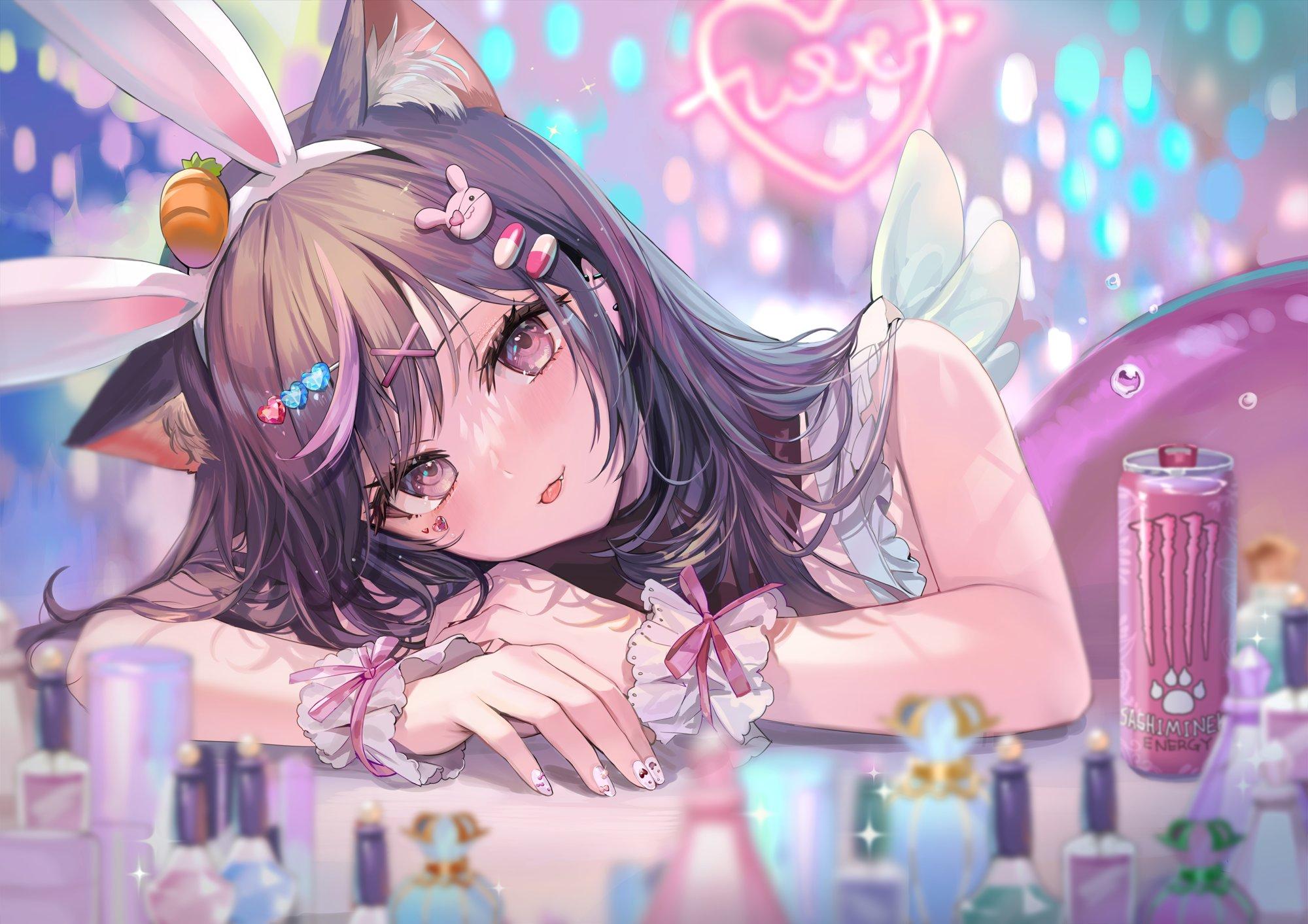 Anime Girls Bunny Ears Monster Energy Cat Girl