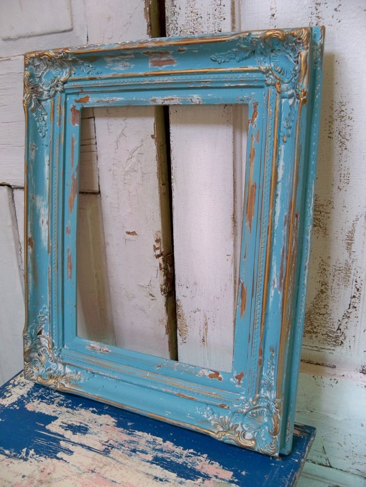 Large Heavy Wood Frame Beachy Blue Distressed Shabby Chic Wall Decor