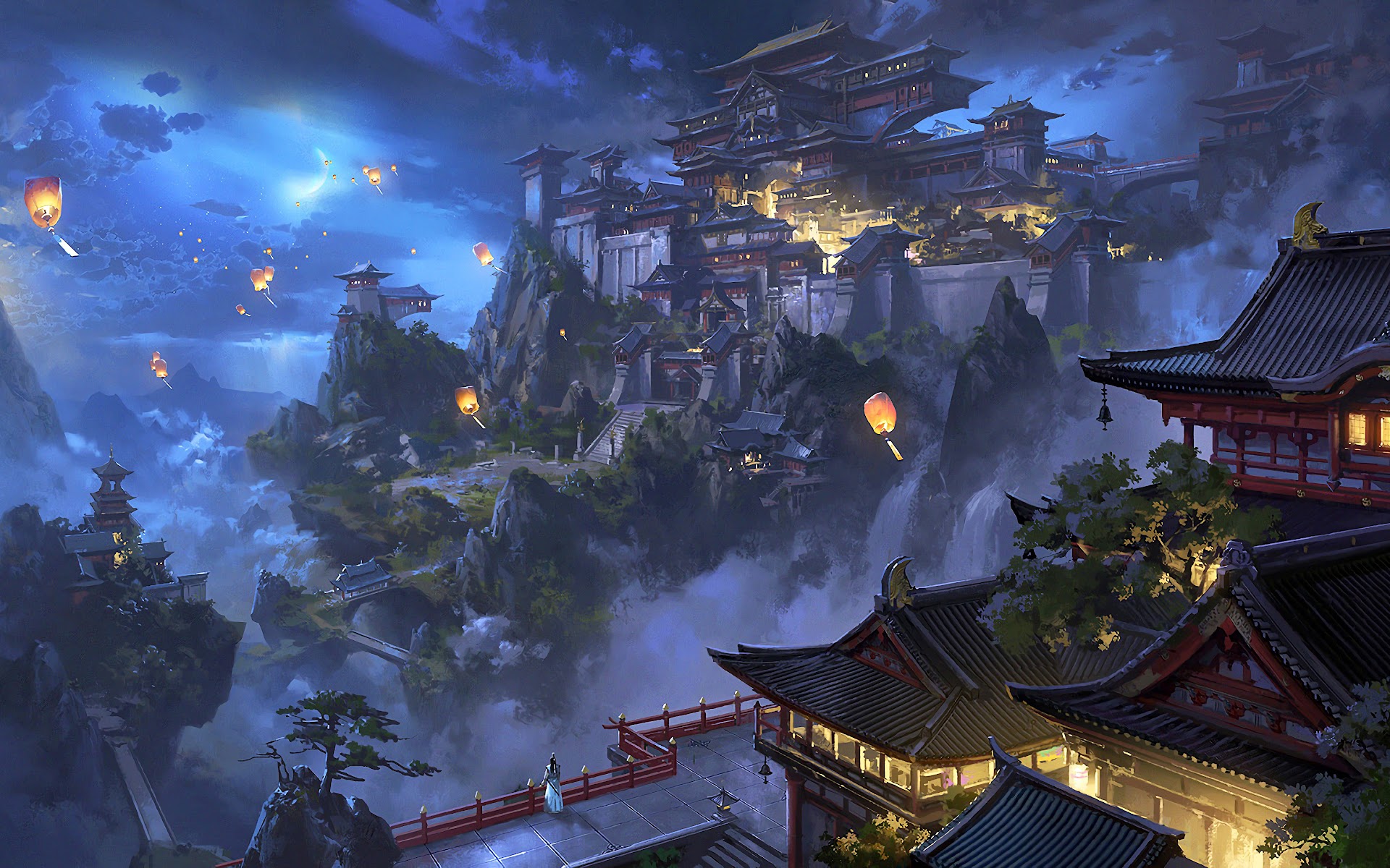 Anime Sky Lantern Mountain Japanese Castle Night Scenery 4k