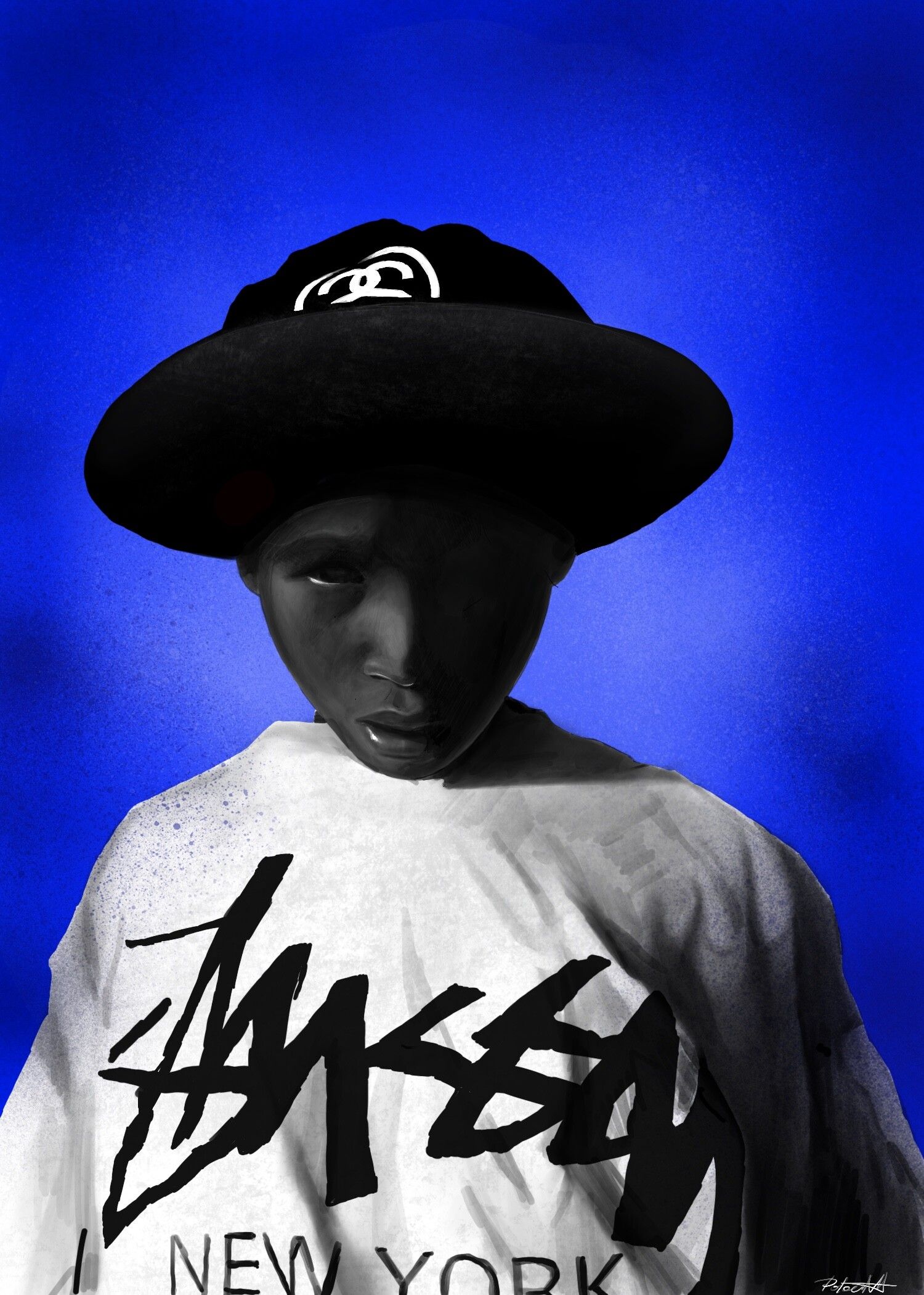 A stylized black and white portrait of a young person wearing a Stussy hat and a Stussy New York t-shirt against a vibrant blue backdrop