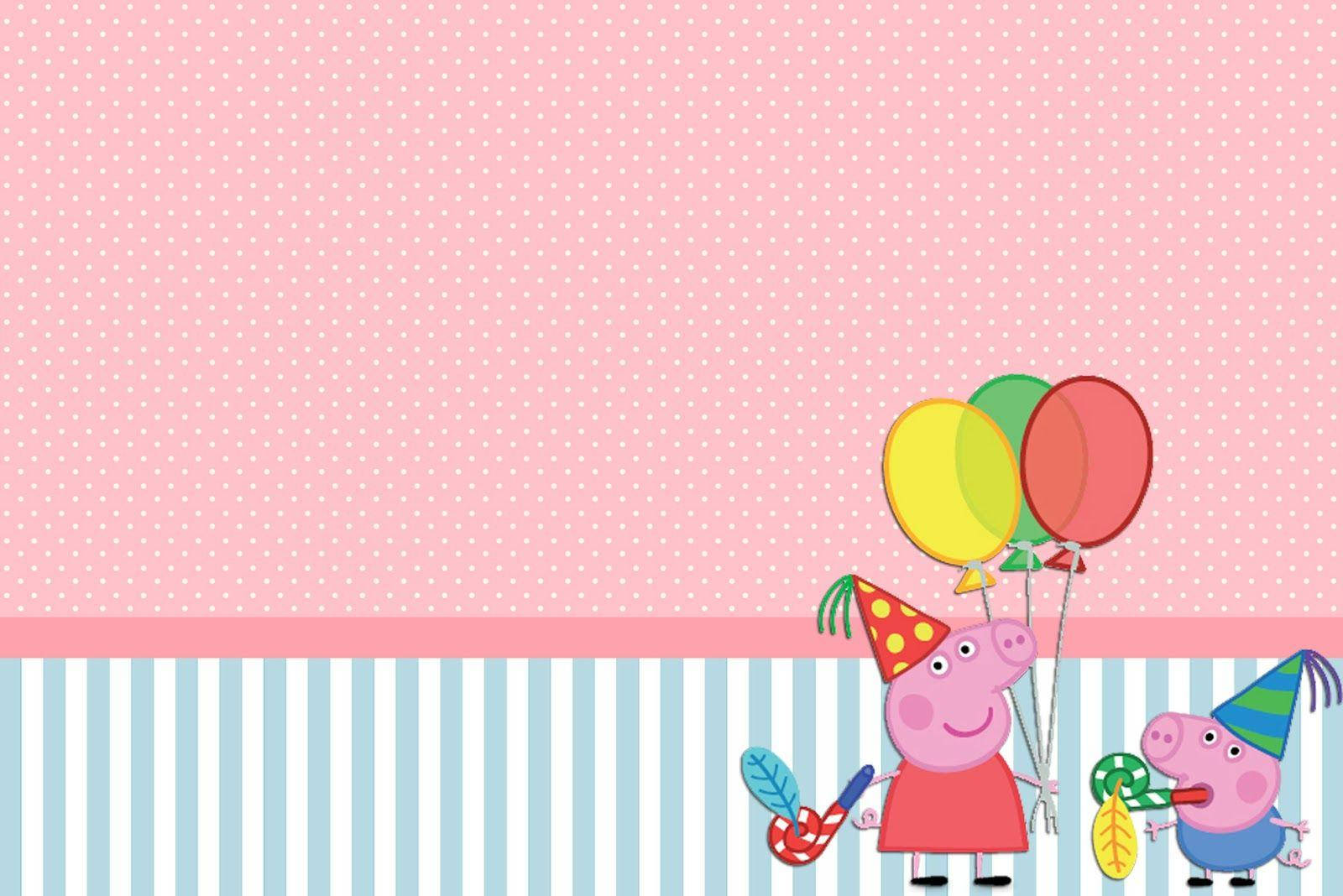 Peppa Pig and George celebrating a birthday with balloons and party favors on a pink and blue striped background