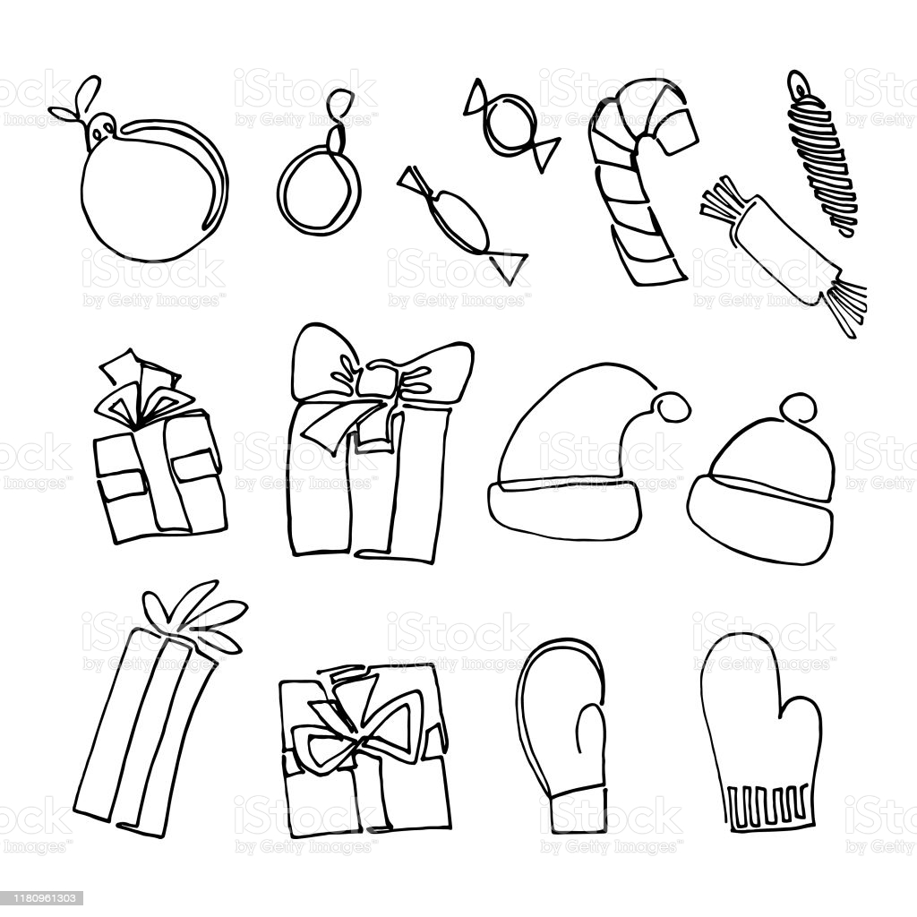 Christmas Set Of One Line Drawing Objects Vector Design Xmas