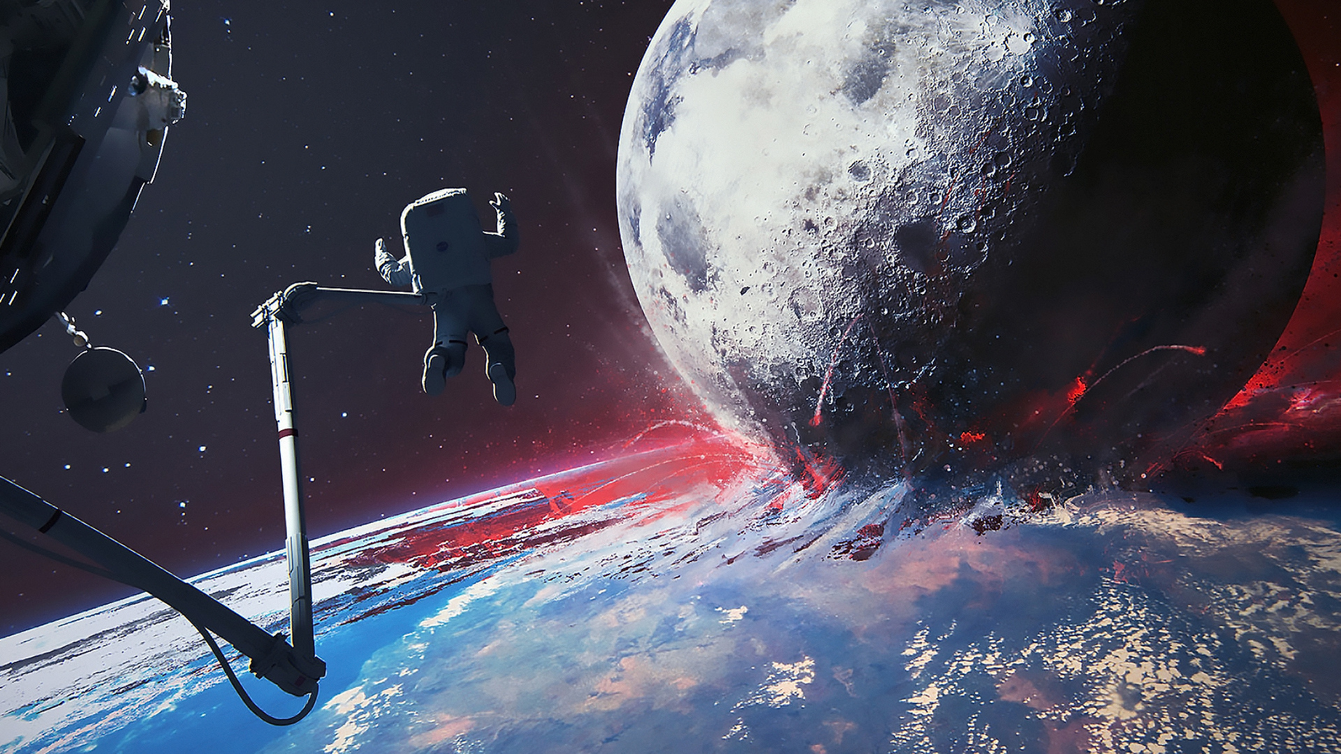 Desktop Wallpaper Astronaut Planet Collision Fantasy Art Hd