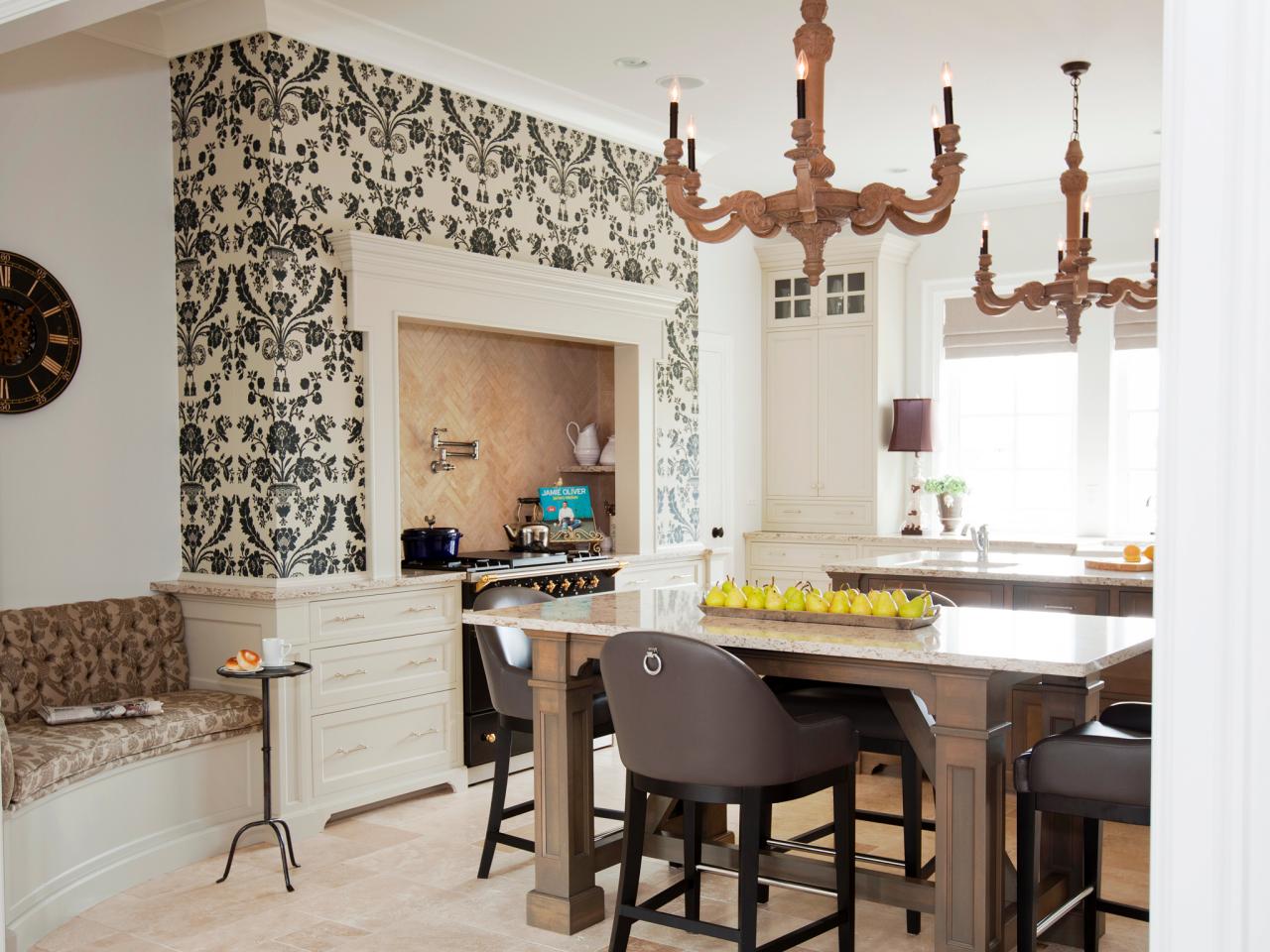 Kitchen With Damask Wallpaper Accent Wall A Bold