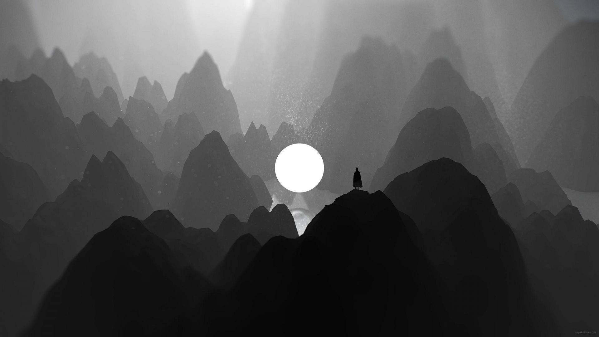 A minimalist black and white landscape featuring a lone figure silhouetted against a bright circle amidst misty, layered mountains
