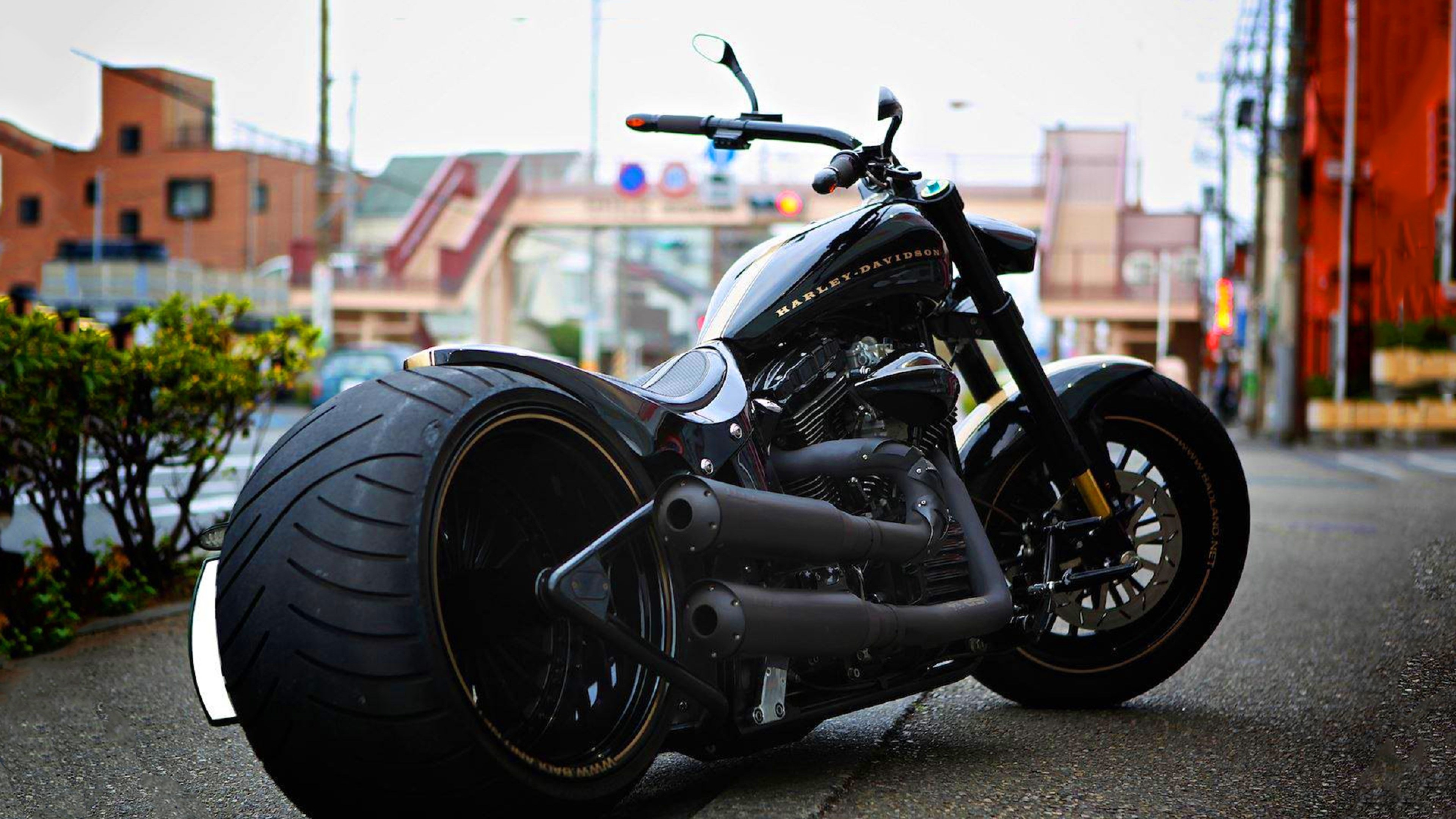 A Custom Harley Davidson Motorcycle parked on a city street in Japan. The motorcycle is black with gold accents, has a wide rear tire, and custom exhaust pipes