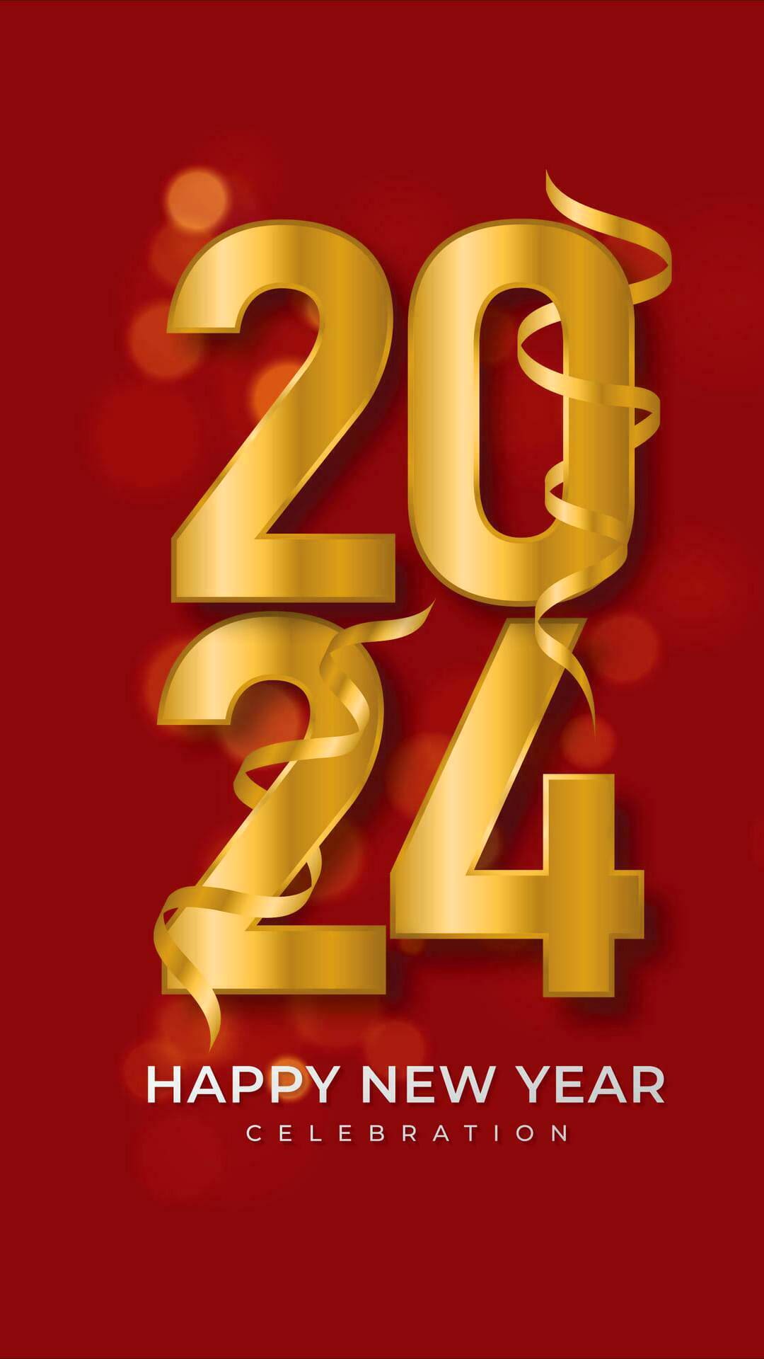 Gold 2024 with ribbons on red background. Happy New Year Celebration