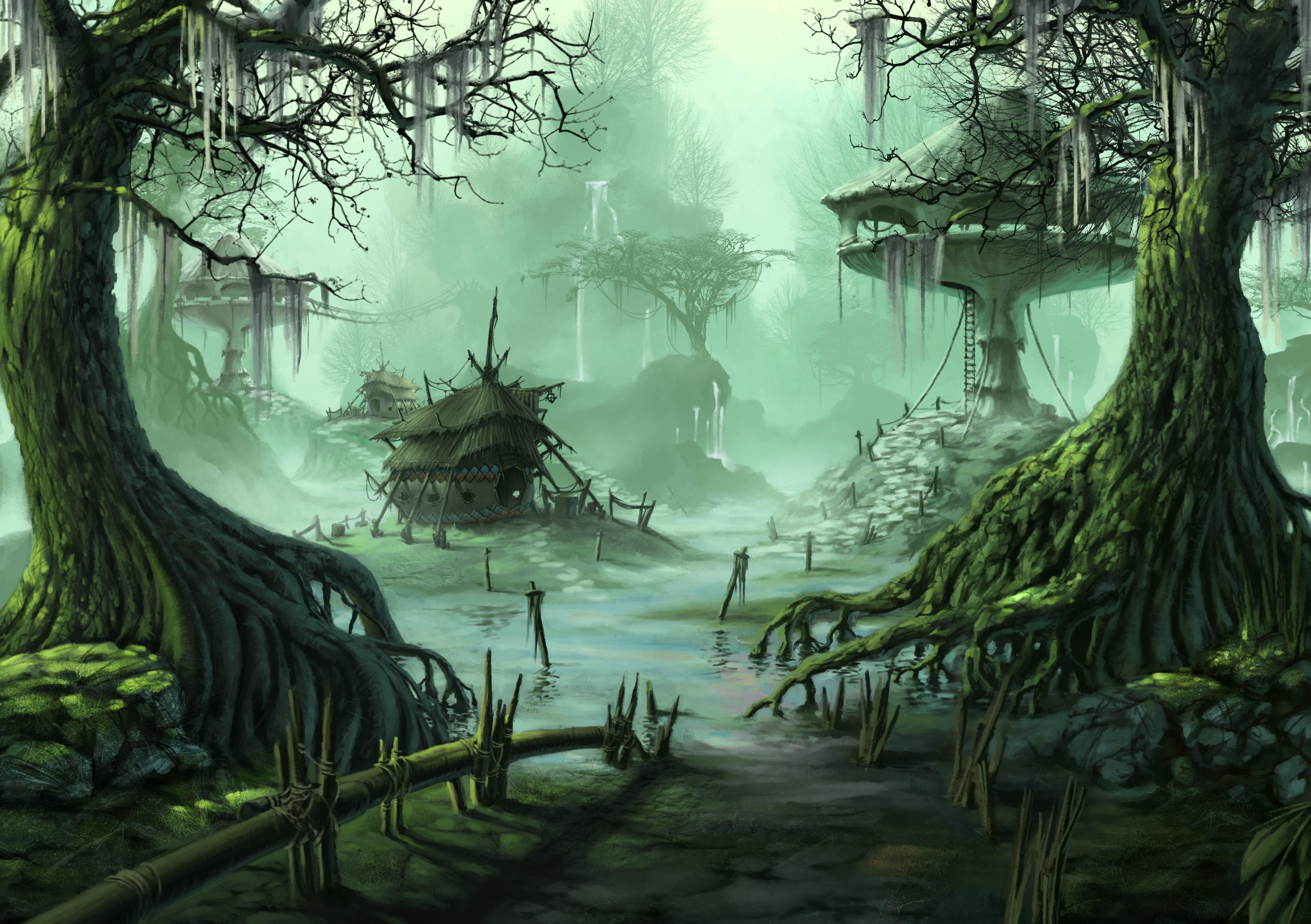 Fantasy Village Trees Swamp City Wallpaper Background Pictures 3720x2622