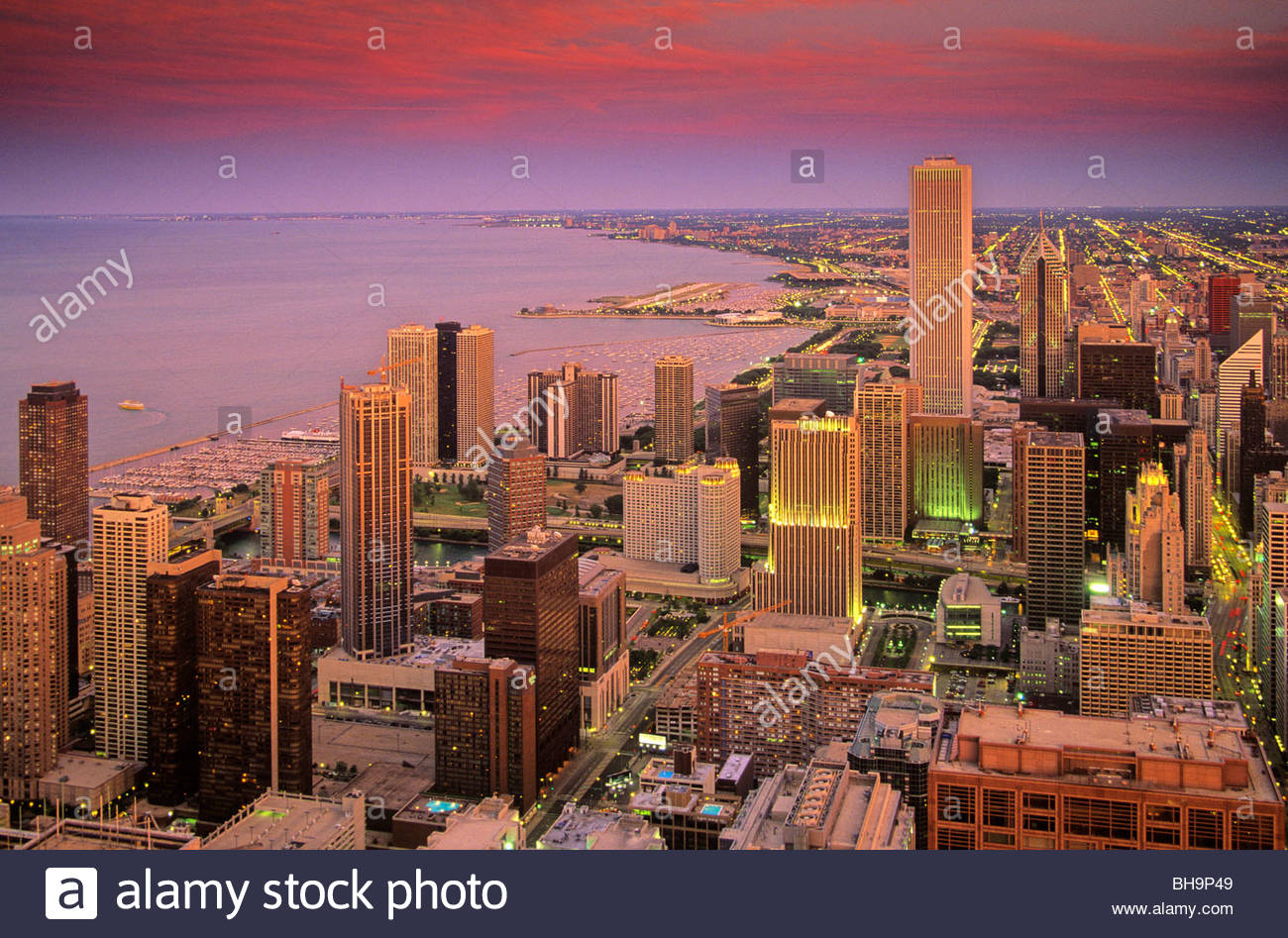 Downtown Chicago At Sunset With Lake Michigan In The Background
