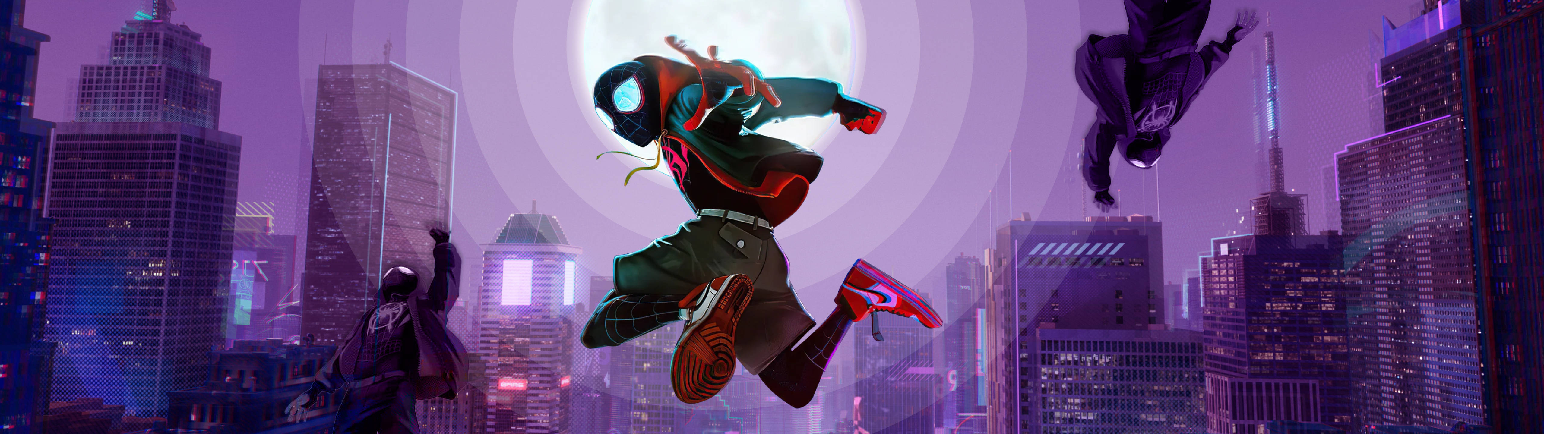 Miles Morales leaps across a vibrant, neon-lit cityscape under a full moon, with Spider-Man 2099 soaring in the background, in a dynamic scene from Spider-Man: Across the Spider-Verse