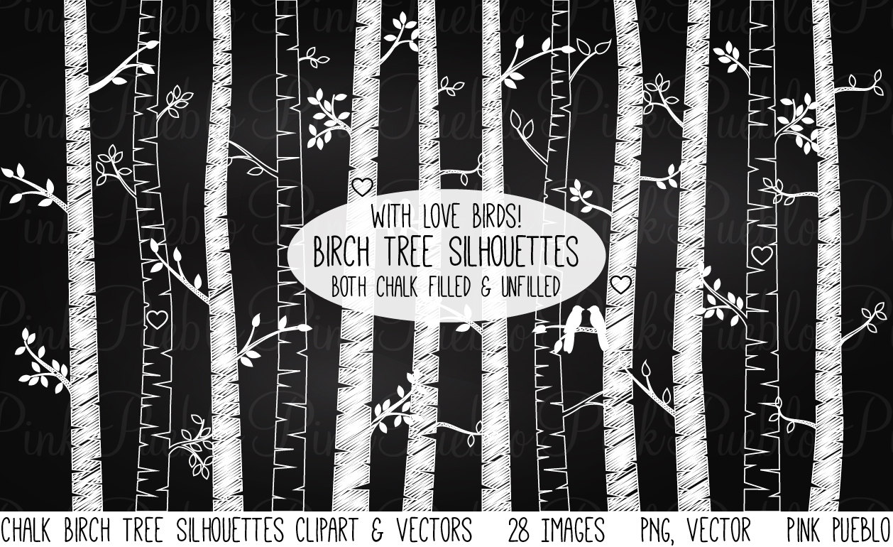 Chalkboard Birch Tree Silhouettes Clipart Clip Art by PinkPueblo