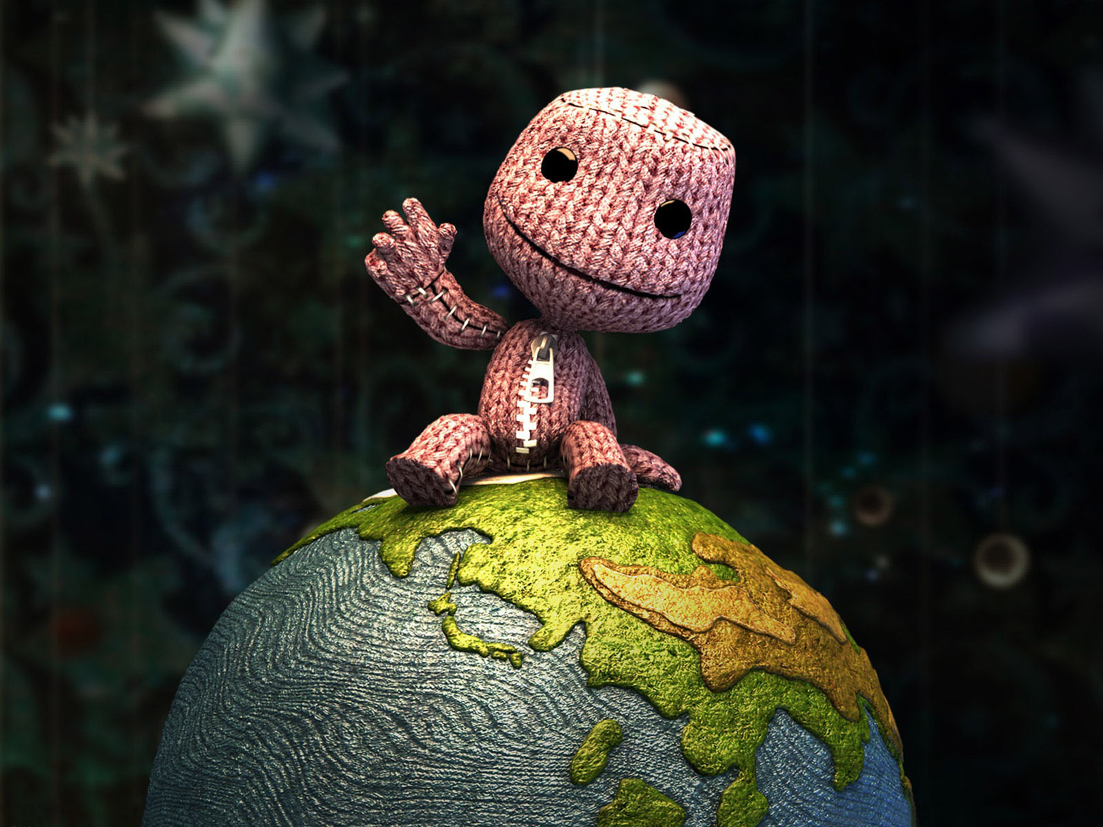 A whimsical image of a stitched doll sitting atop a stylized Earth, waving cheerfully. Perfect for a lighthearted and fun wallpaper