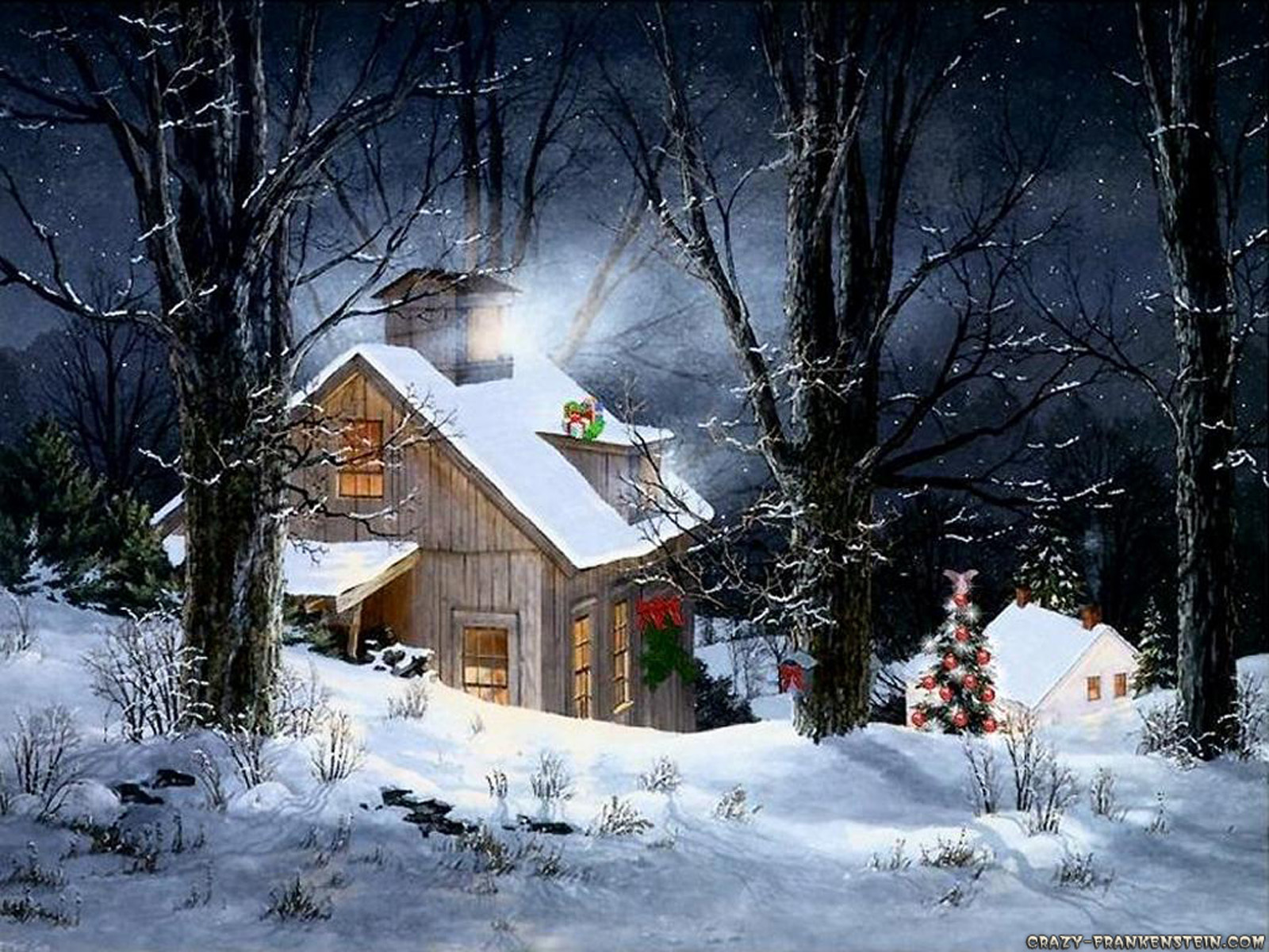 Snowy Christmas Cabin Cottage Wallpaper