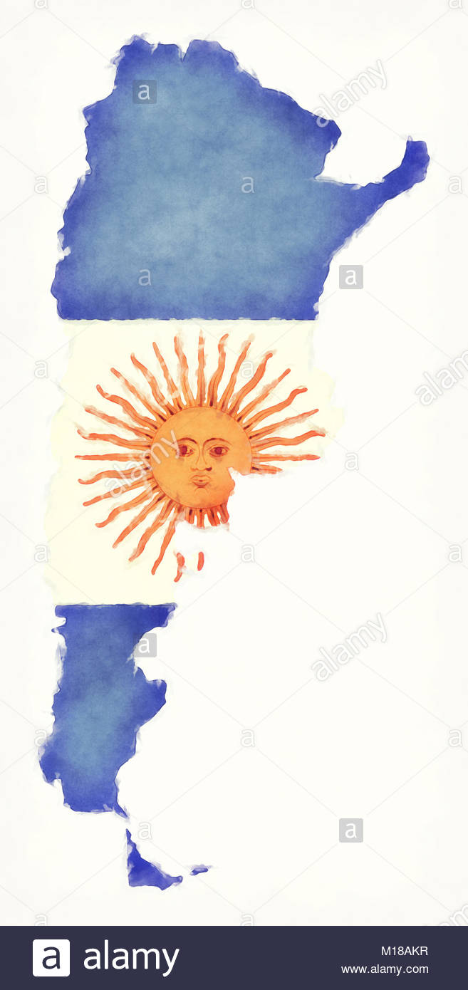 Argentina Watercolor Map With National Flag In Front Of A White