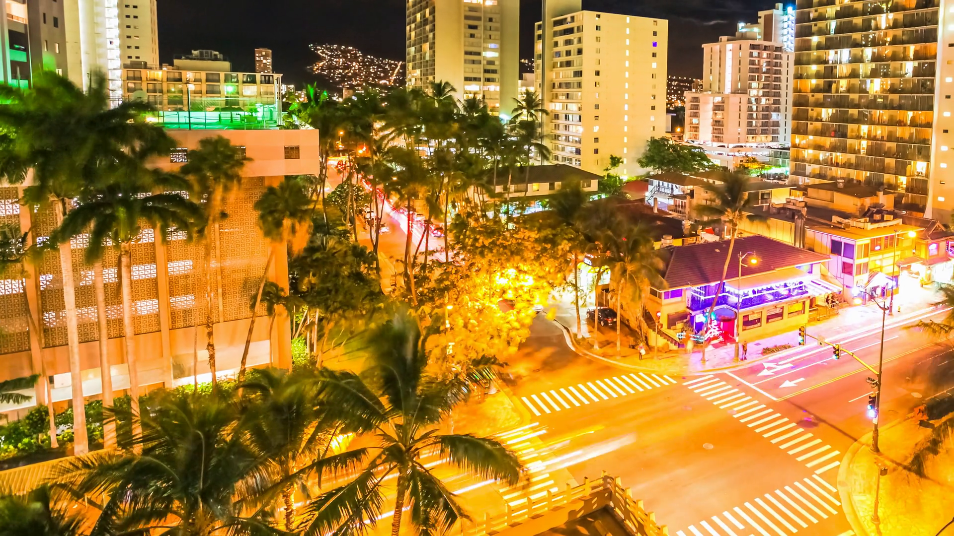 Moonlight Time Lapse Of Night Traffic Waikiki City In Oahu