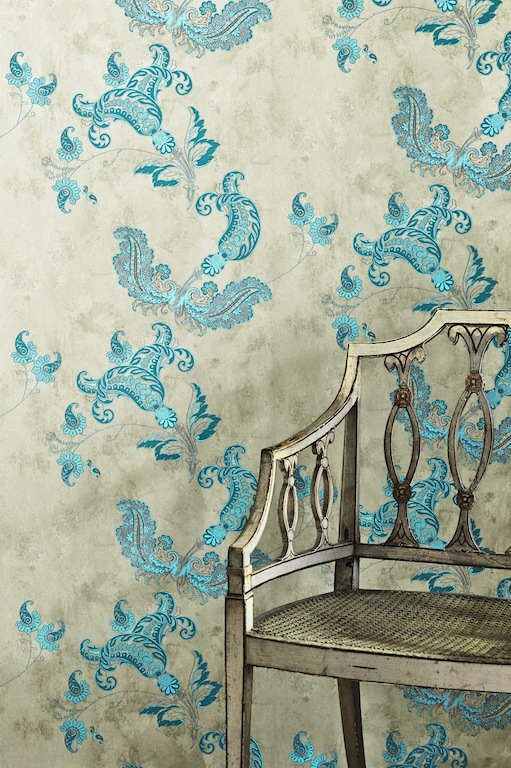 Barneby Gates Paisley Turquoise On Old Grey Wallpaper