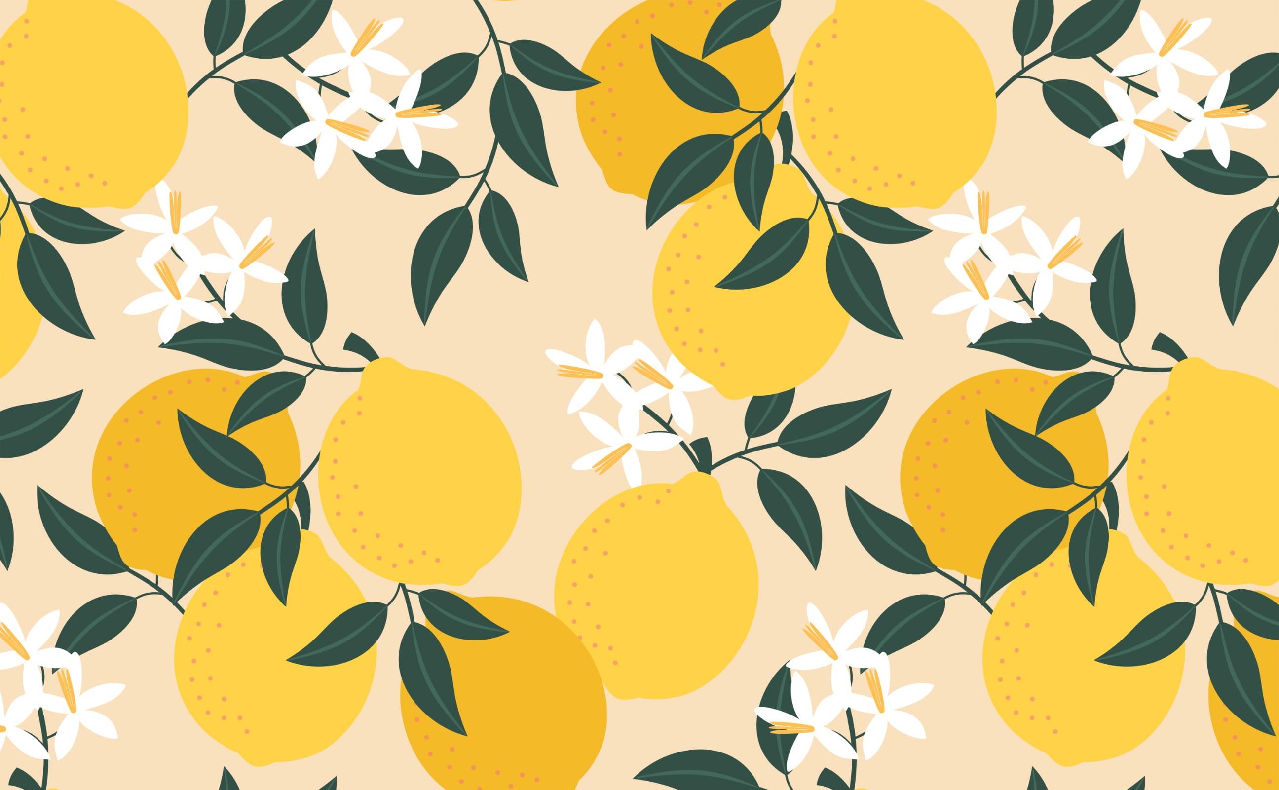 Cheerful Lemon Fruit And White Blossom Pattern Wallpaper For Walls