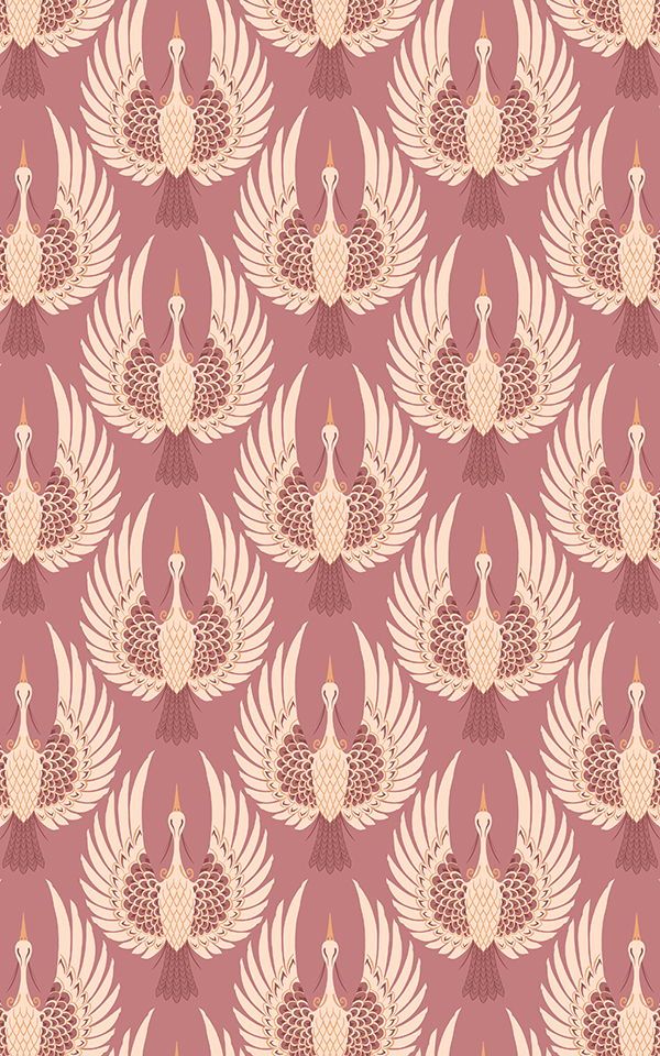 Pink Art Deco Crane Bird Pattern Wallpaper Hovia UK Carta da