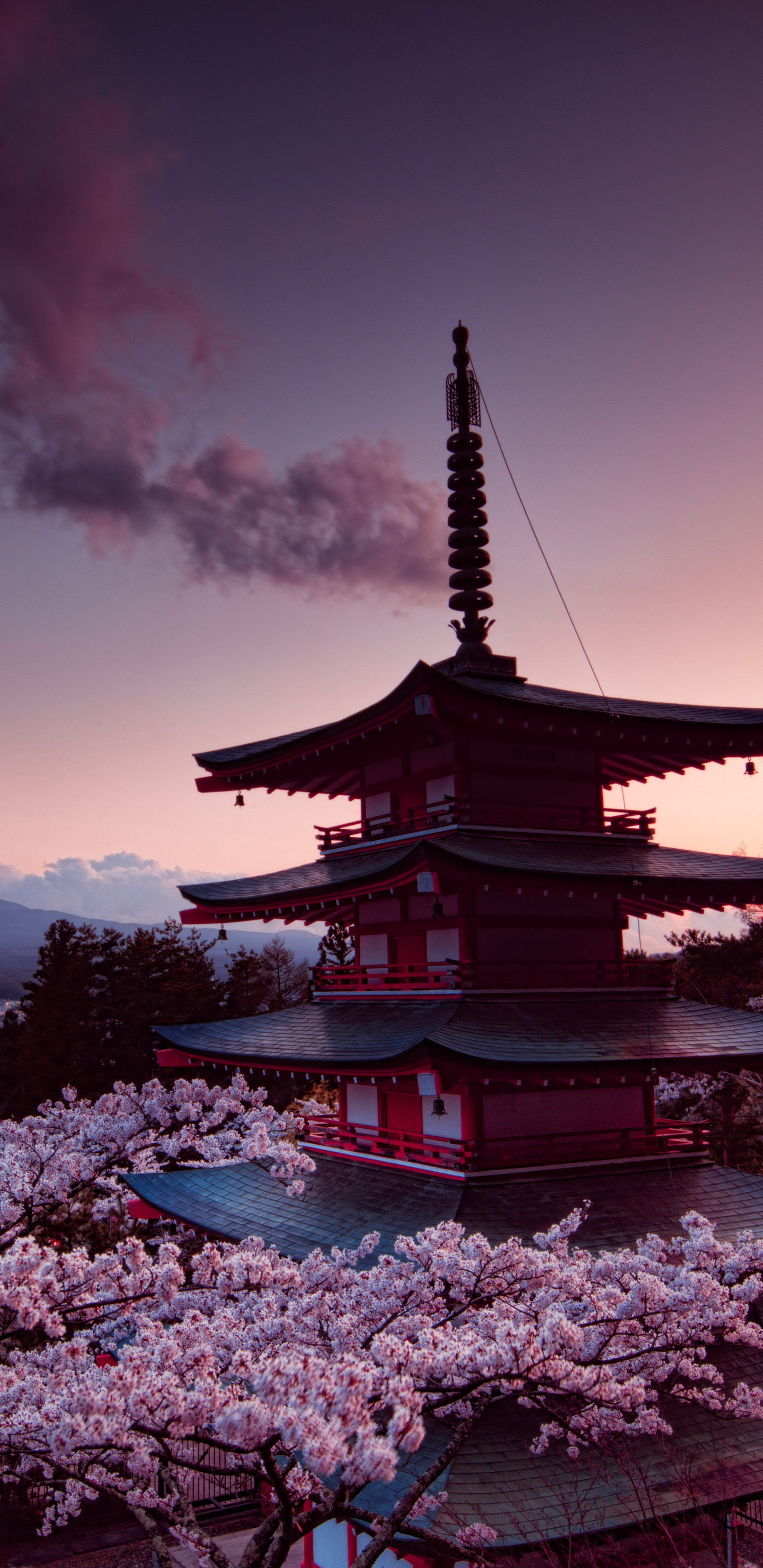 A stunning 4K wallpaper featuring a traditional Japanese pagoda at sunset, surrounded by blooming cherry blossoms
