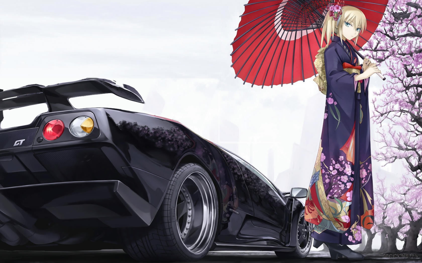 Cool Car And Cute Girl Anime Wallpaper