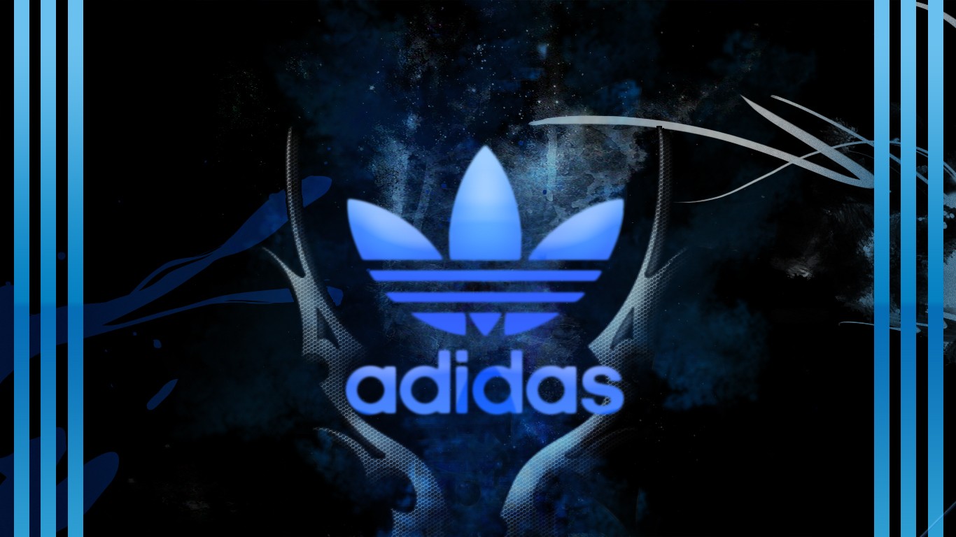 A vibrant blue Adidas logo against a dark, abstract background, creating a striking visual