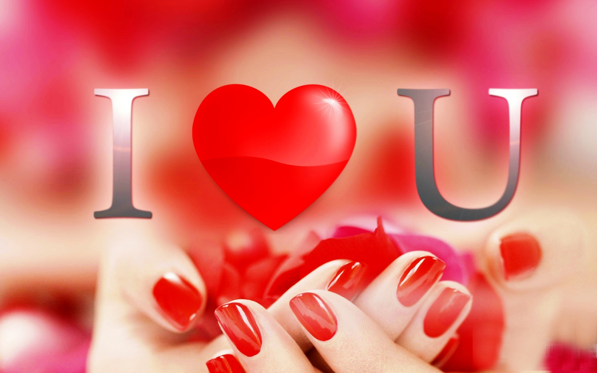 A pair of hands with red nails gently holds red rose petals, with a superimposed 'I Love U' message and a glossy red heart, symbolizing love and affection