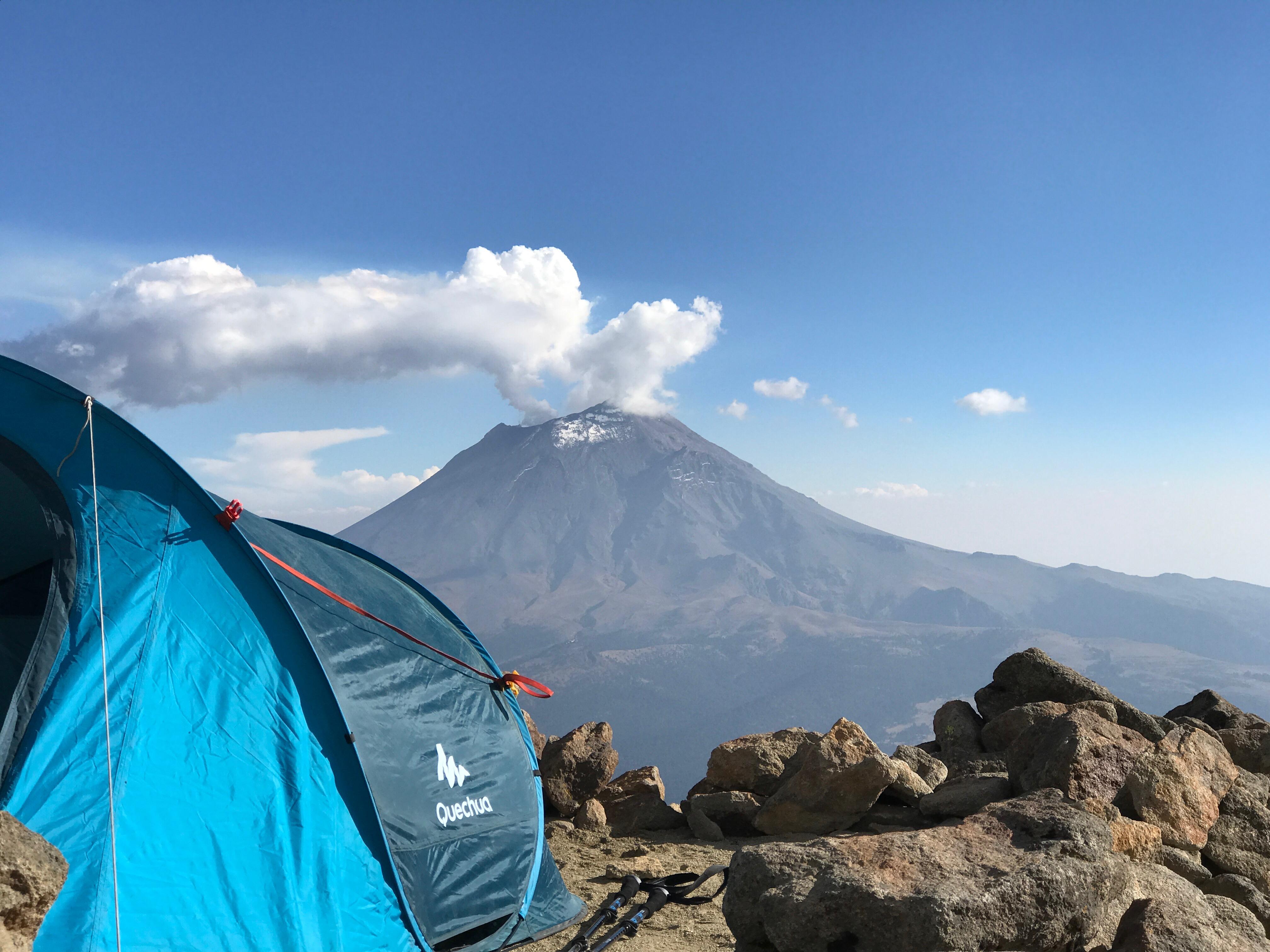 Iztaccihuatl 5230m Highcamp With The Smoking Popocatepetl 5426m