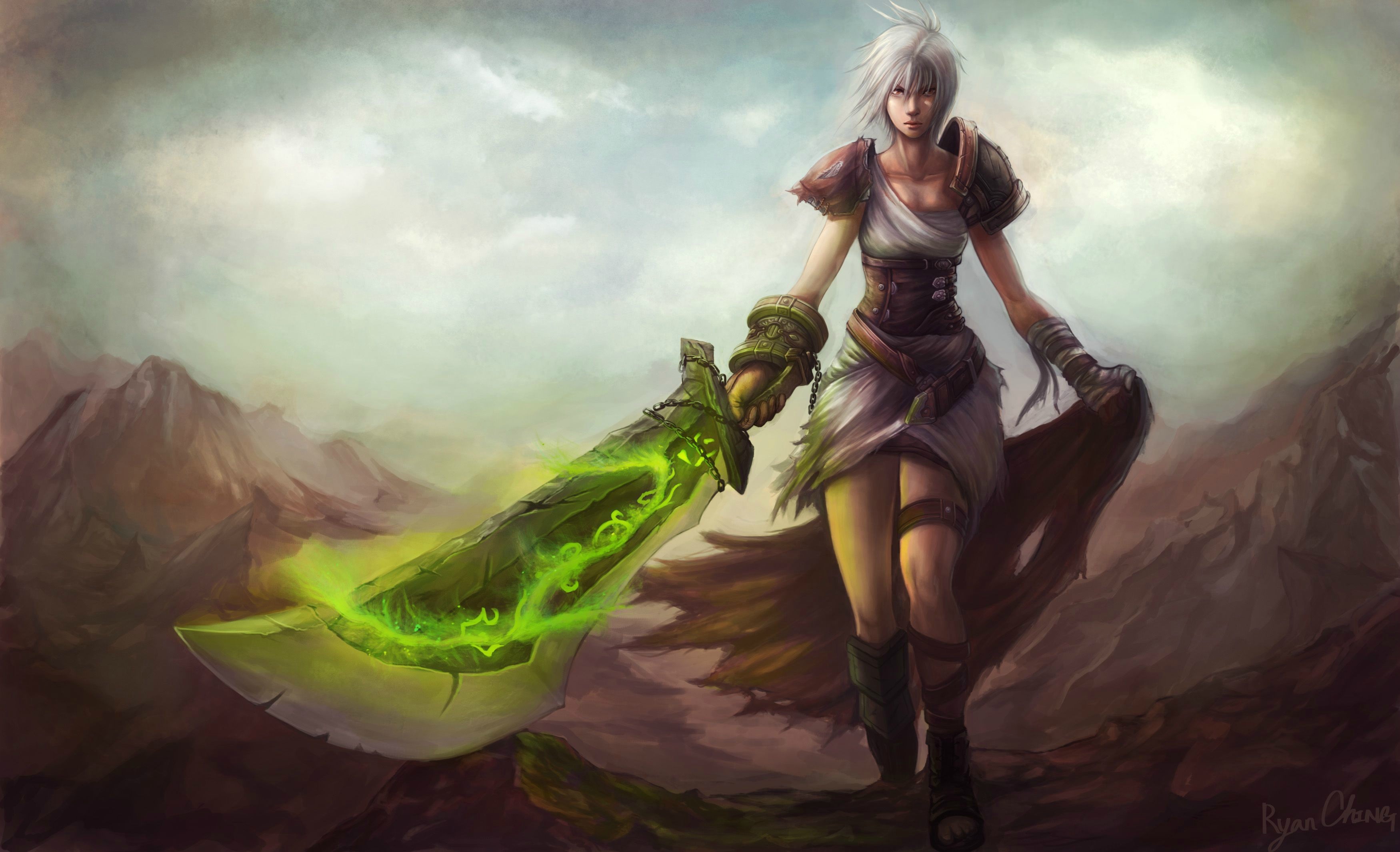 A female character from League of Legends, possibly Riven, stands against a mountainous backdrop, wielding a large, glowing green sword
