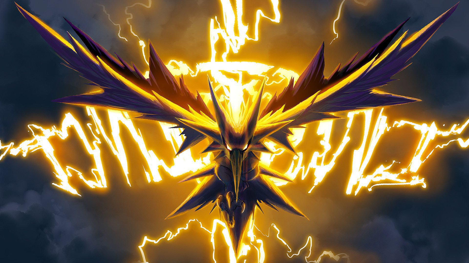A dramatic digital artwork of Zapdos, a legendary Electric-type Pokémon, soaring through a stormy sky amidst crackling lightning bolts. Its sharp, angular wings are spread wide, and its golden beak and talons are prominent against its dark purple body