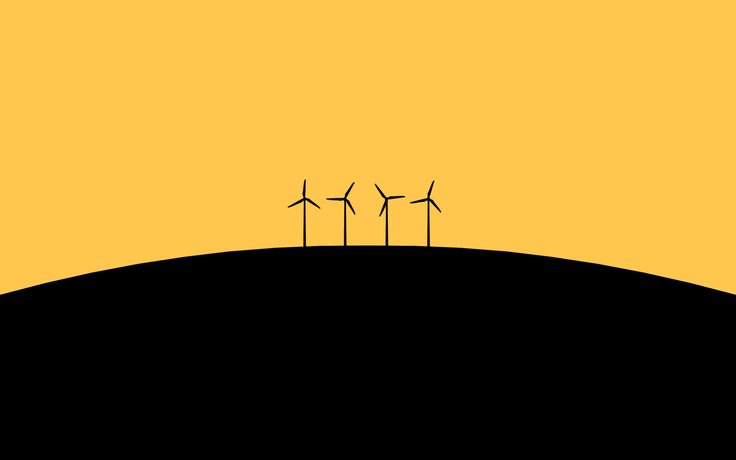 Four wind turbines silhouetted against a golden-yellow sky on a black hill, embodying minimalist design