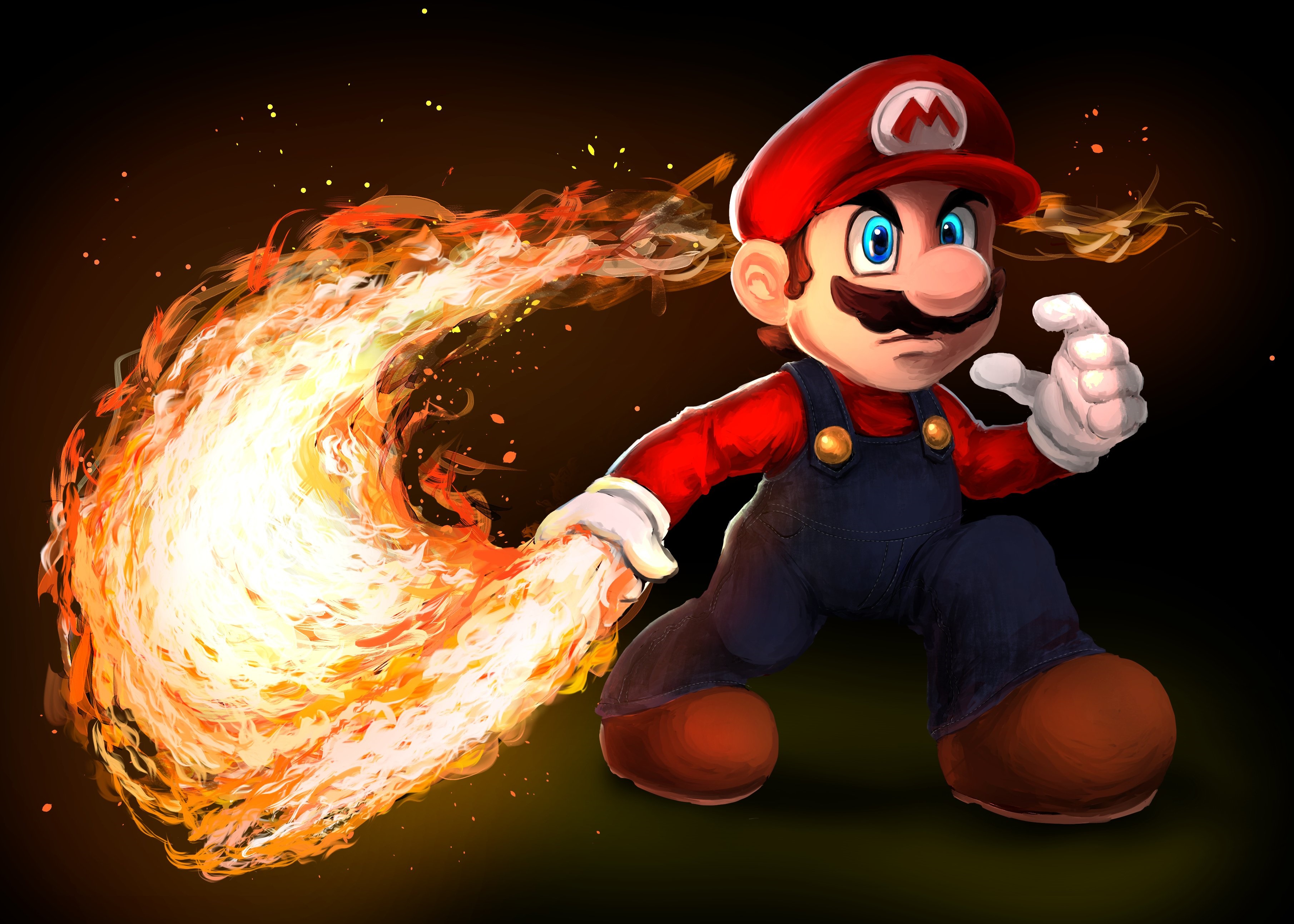 Mario wielding a fireball in a dynamic action pose against a dark background