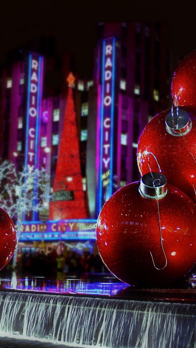 iPhone wallpaper New York Christmas giant ornaments radio city