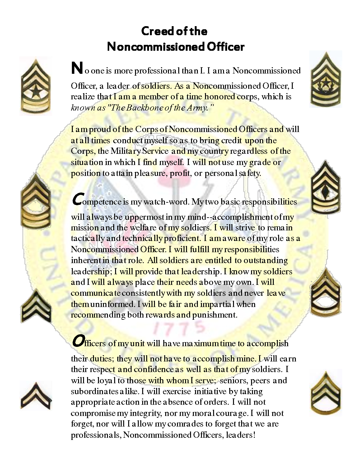 Nco Creed Printable Web The Creed Spells Out What All Great Ncos Will ...