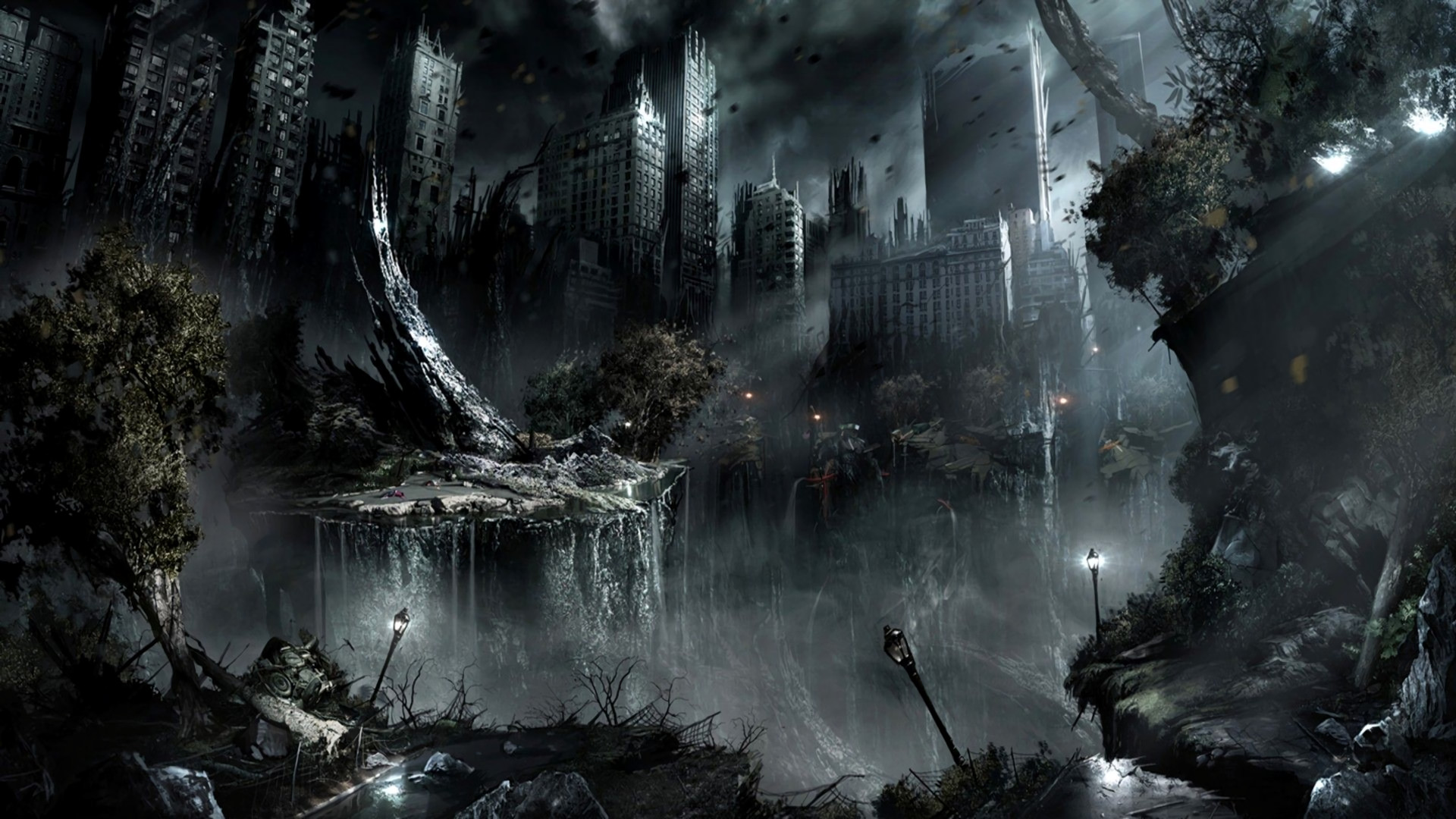 A dark, dystopian cityscape with crumbling buildings, overgrown foliage, and waterfalls cascading into a misty abyss. Eerie street lamps cast a dim glow on the desolate scene