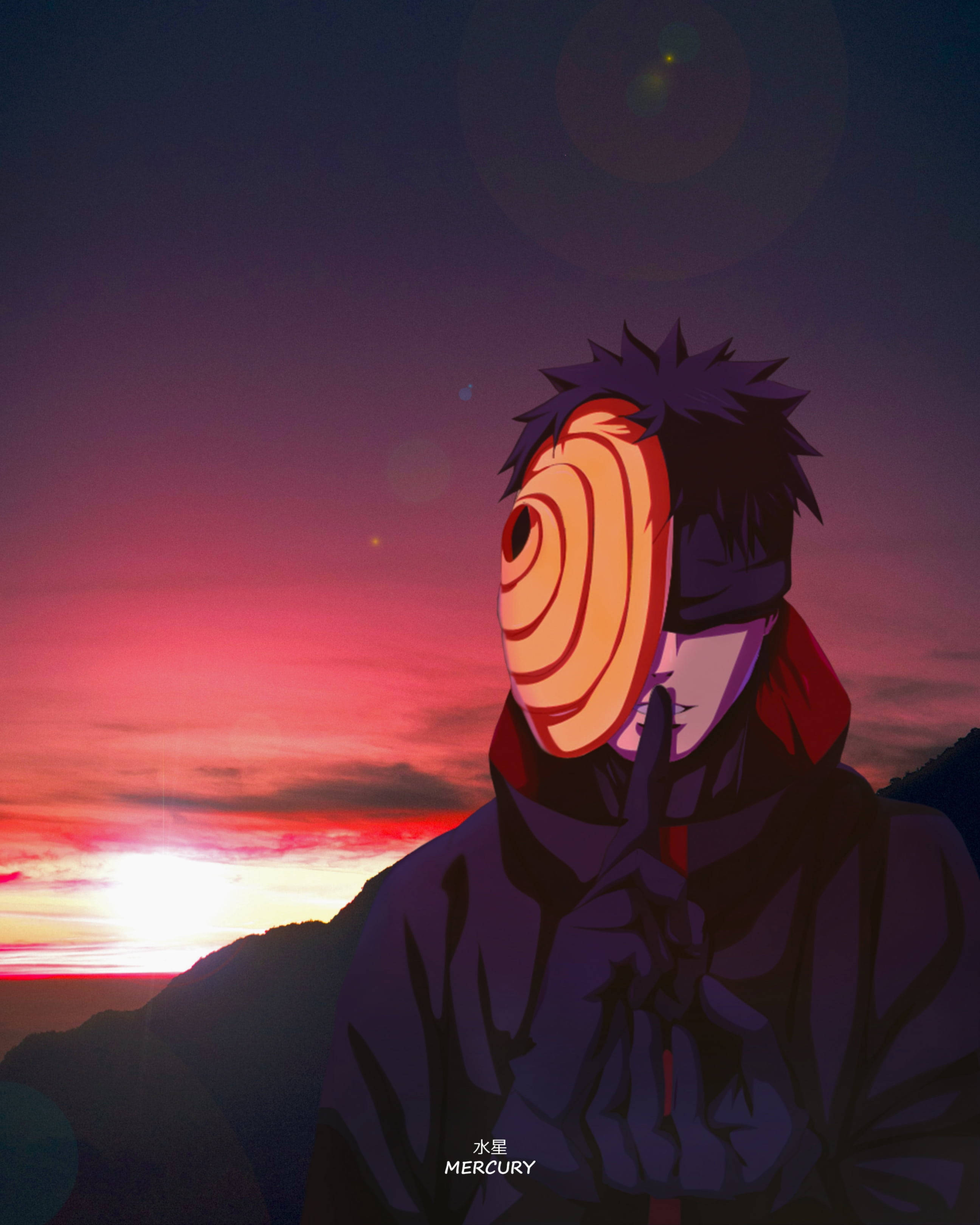 Anime character with an orange spiral mask against a sunset backdrop
