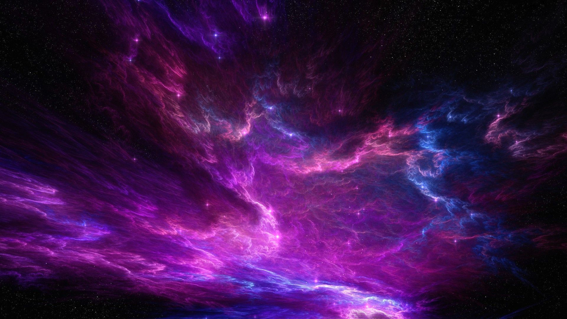 Vivid purple and blue nebula wallpaper for computer, featuring a cosmic cloudscape with sparkling stars