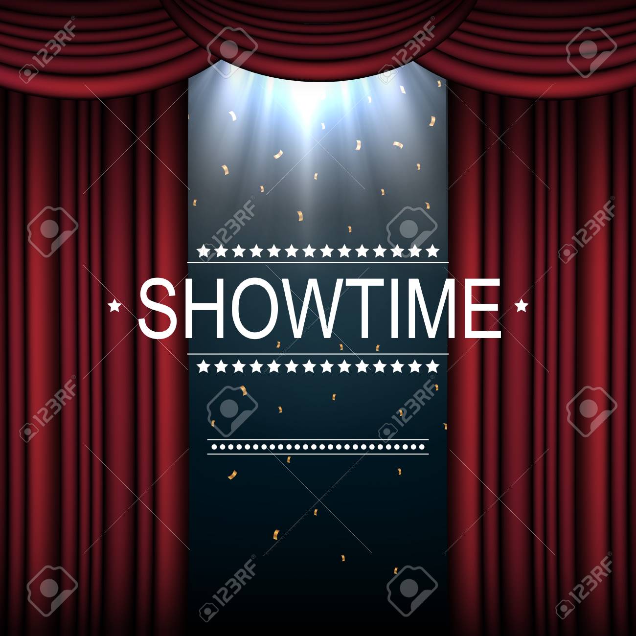 Showtime Background With Curtain Illuminated By Spotlights Stock