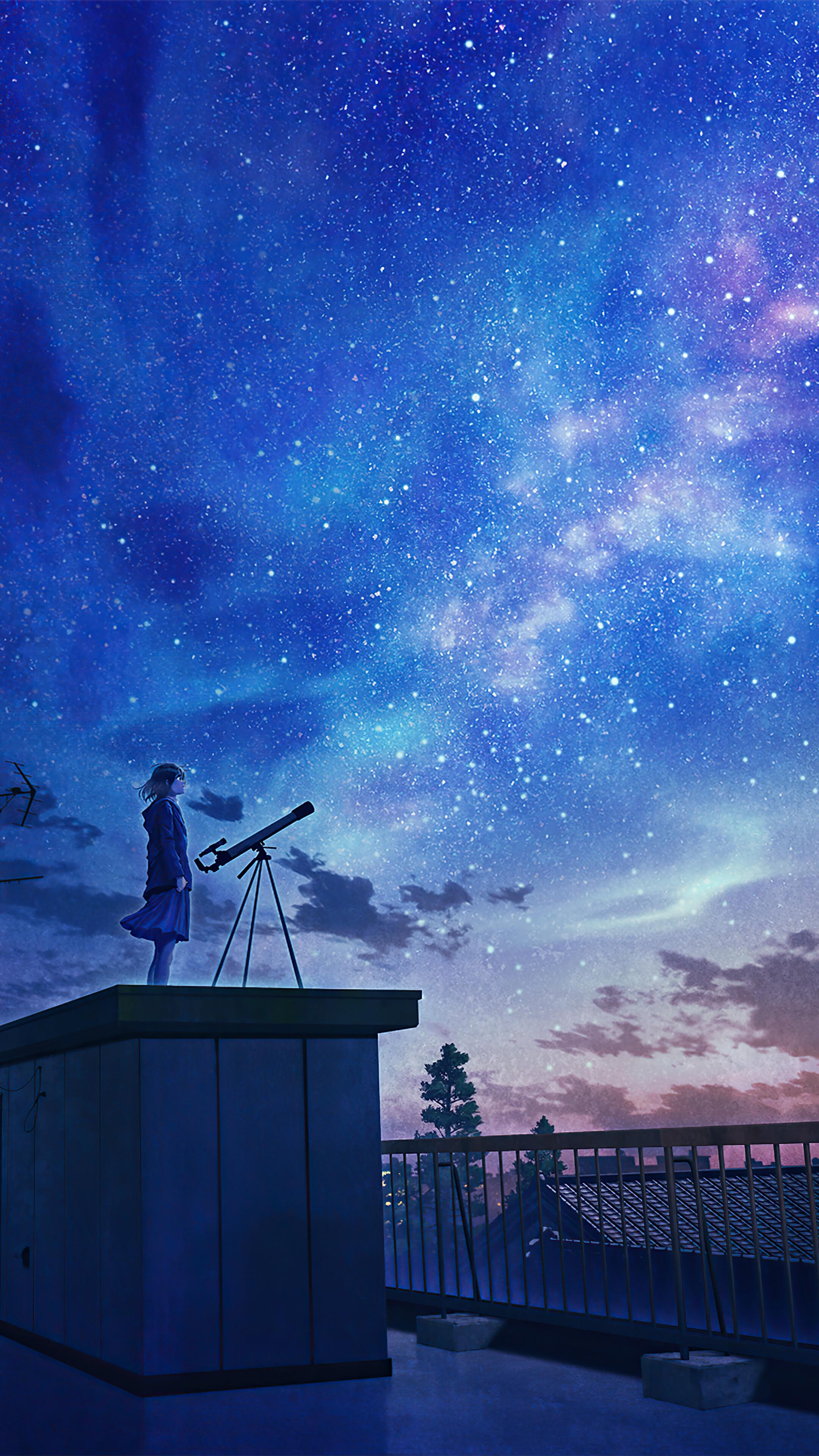 Stargazing Starry Night Sky Anime Scenery 4K Wallpaper 61020
