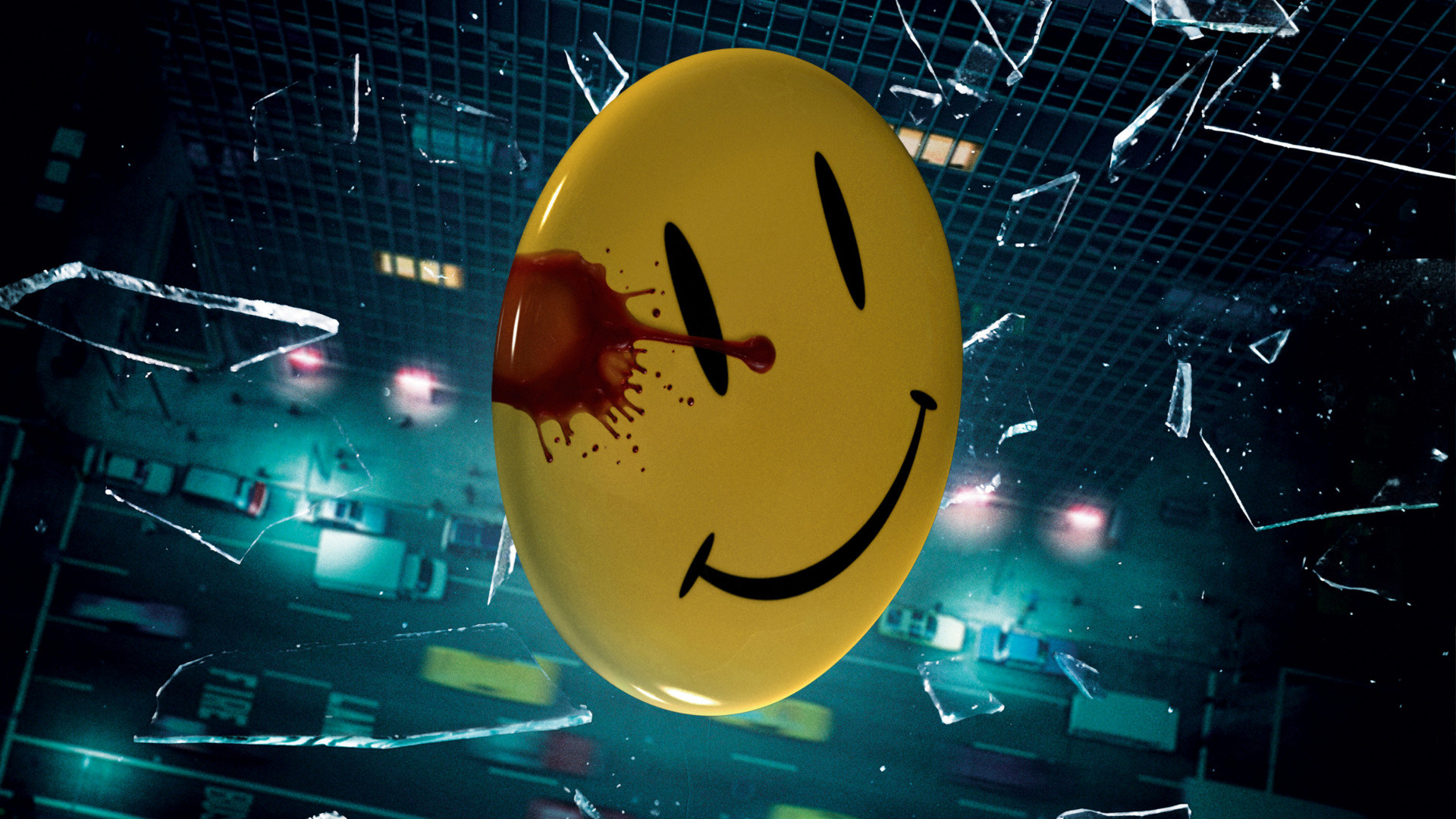 A blood-splattered smiley face badge, reminiscent of the Watchmen comic book, against a backdrop of shattered glass and a blurred cityscape