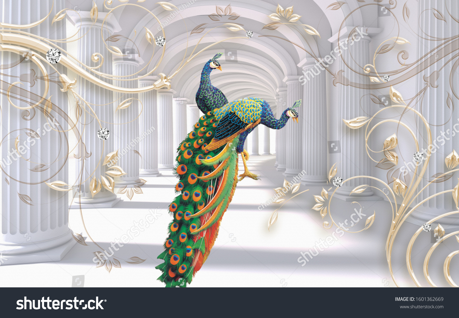 3d Beautiful Peacock Wallpaper Luxury Stock Illustration