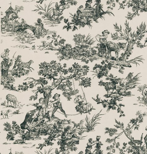 White Neutral Pastoral Toile Wallpaper Inch By Black