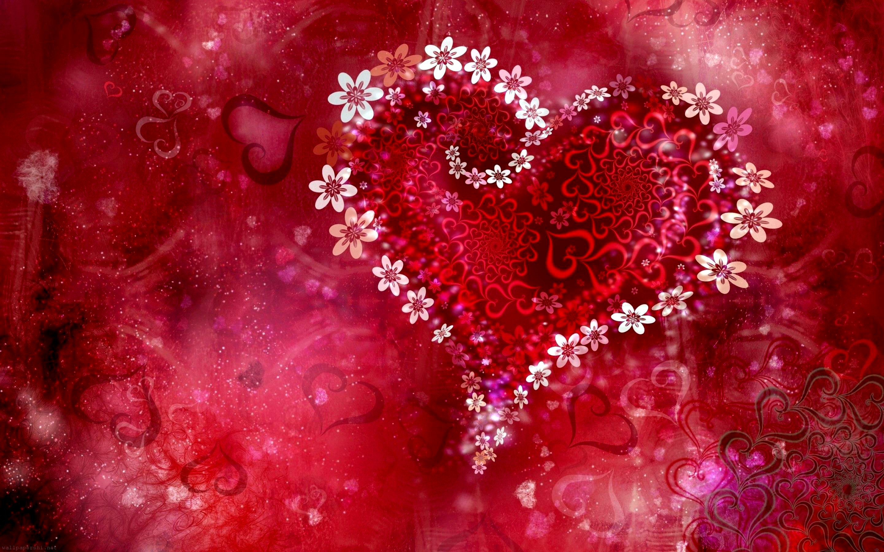 A vibrant red heart composed of smaller hearts and adorned with delicate white flowers, set against a backdrop of swirling red hues and subtle heart patterns, creating a romantic and festive atmosphere