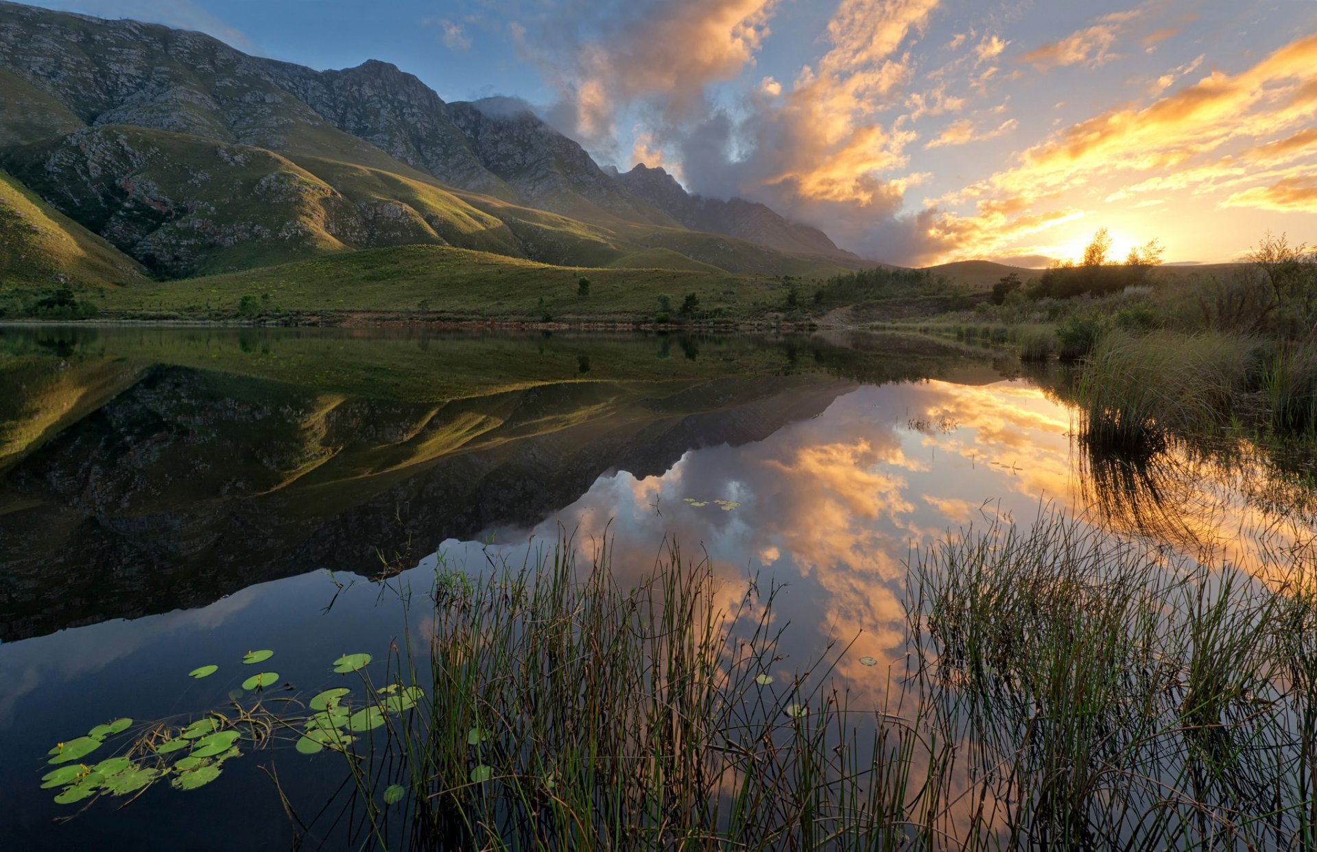 South Africa Mountain Lake Reflection Sunrise HD Wallpaper