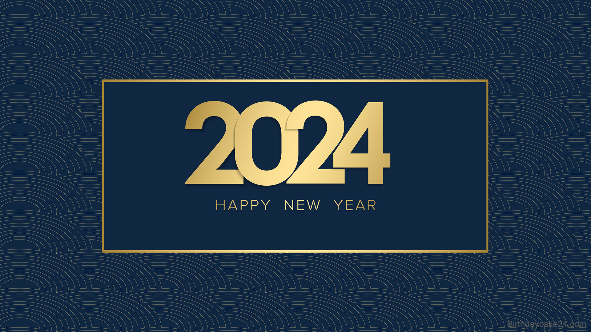 2024 Happy New Year greeting on a dark blue background with a gold geometric pattern