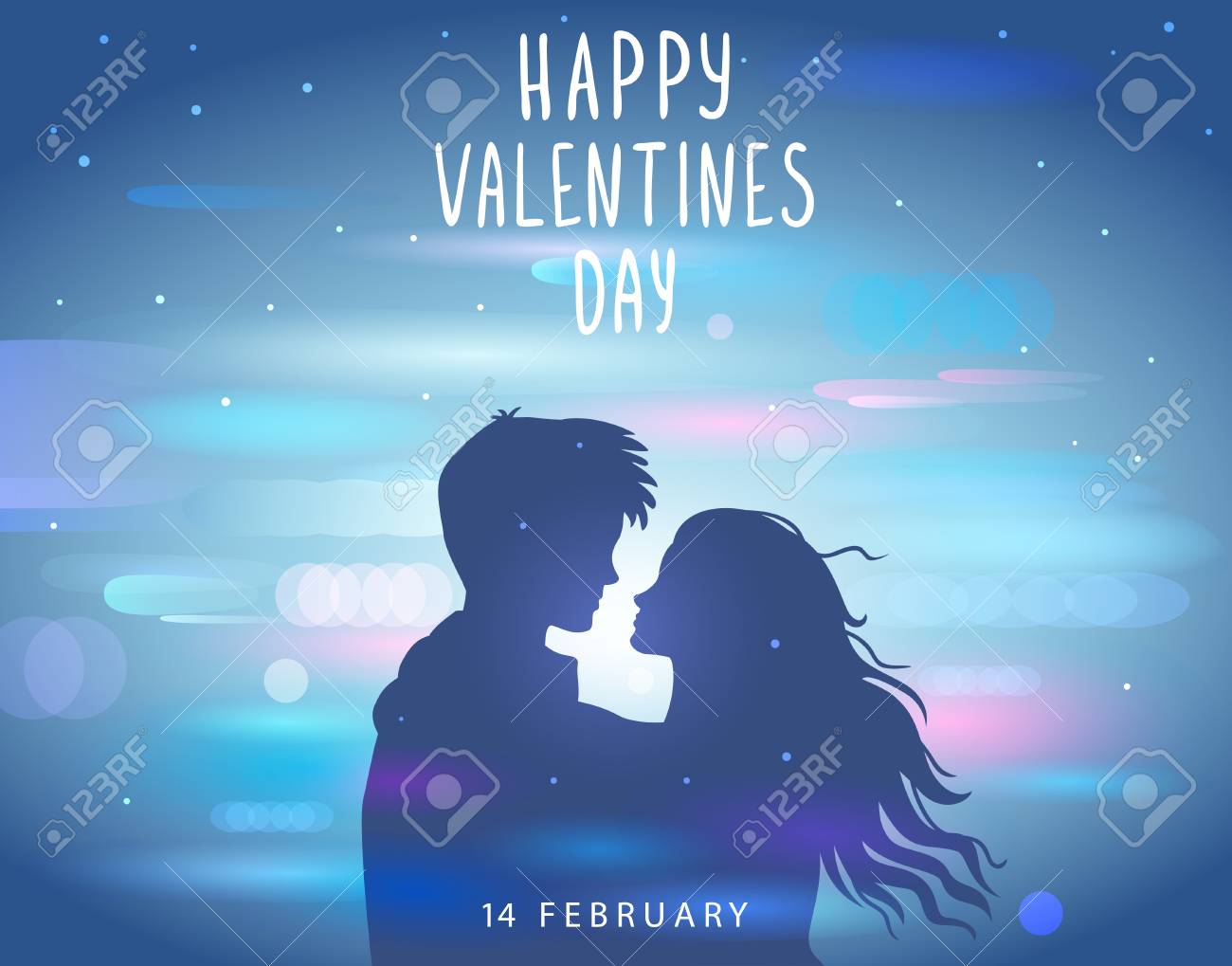 Romantic Silhouette Of Loving Couple At Night With Blur Background