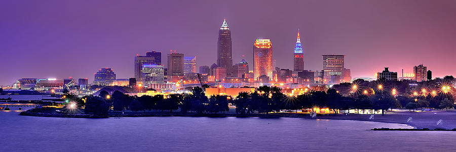 Cleveland Skyline Photograph At Night Evening