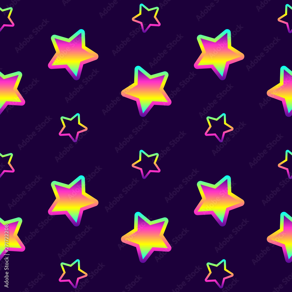 Seamless Pattern With Colorful Neon Stars Dark Blue Background